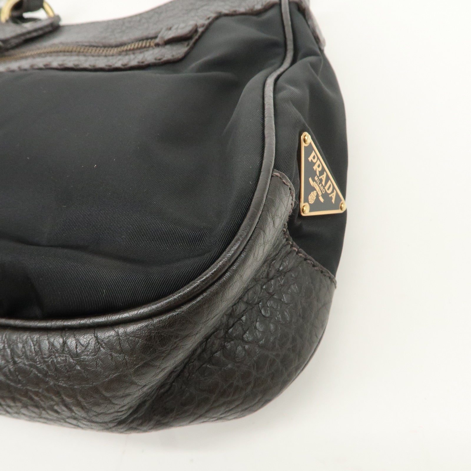 PRADA Nylon Leather Shoulder Bag Black Dark Brown BR1973 Used