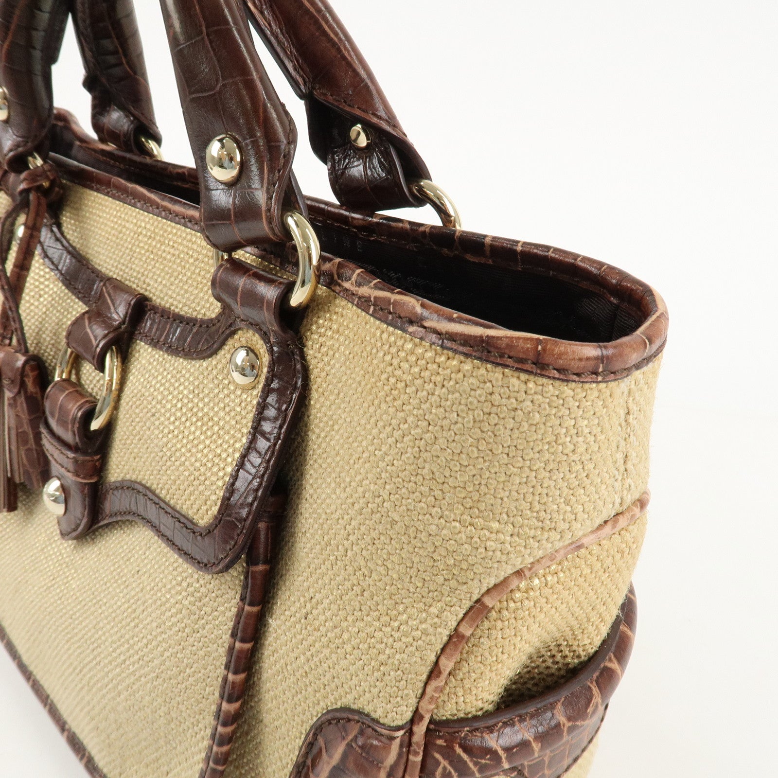 CELINE Straw Leather Boogie Bag Hand Bag Beige Brown Gold HDW Used