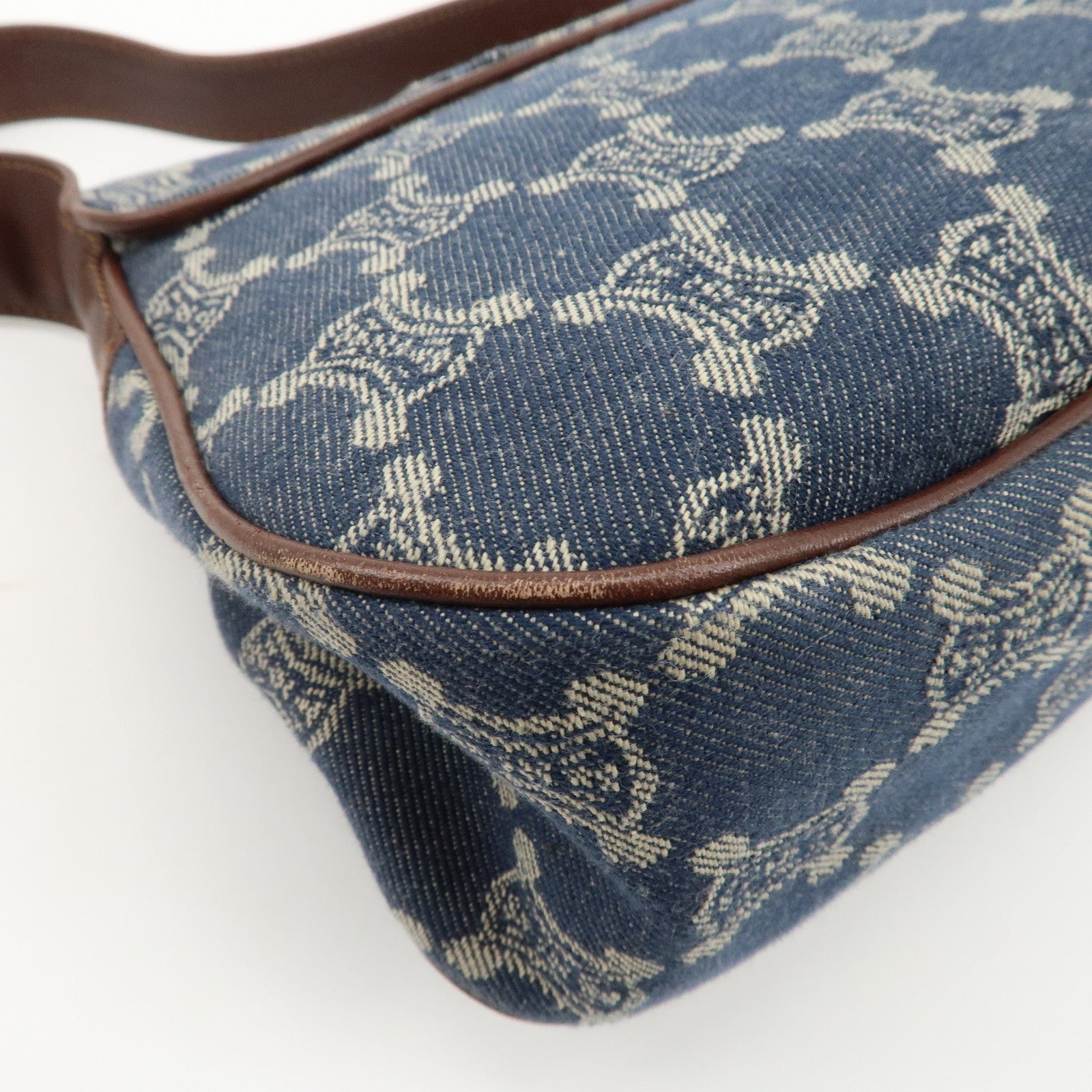 CELINE Macadam Denim Leather Shoulder Bag Blue Brown Used