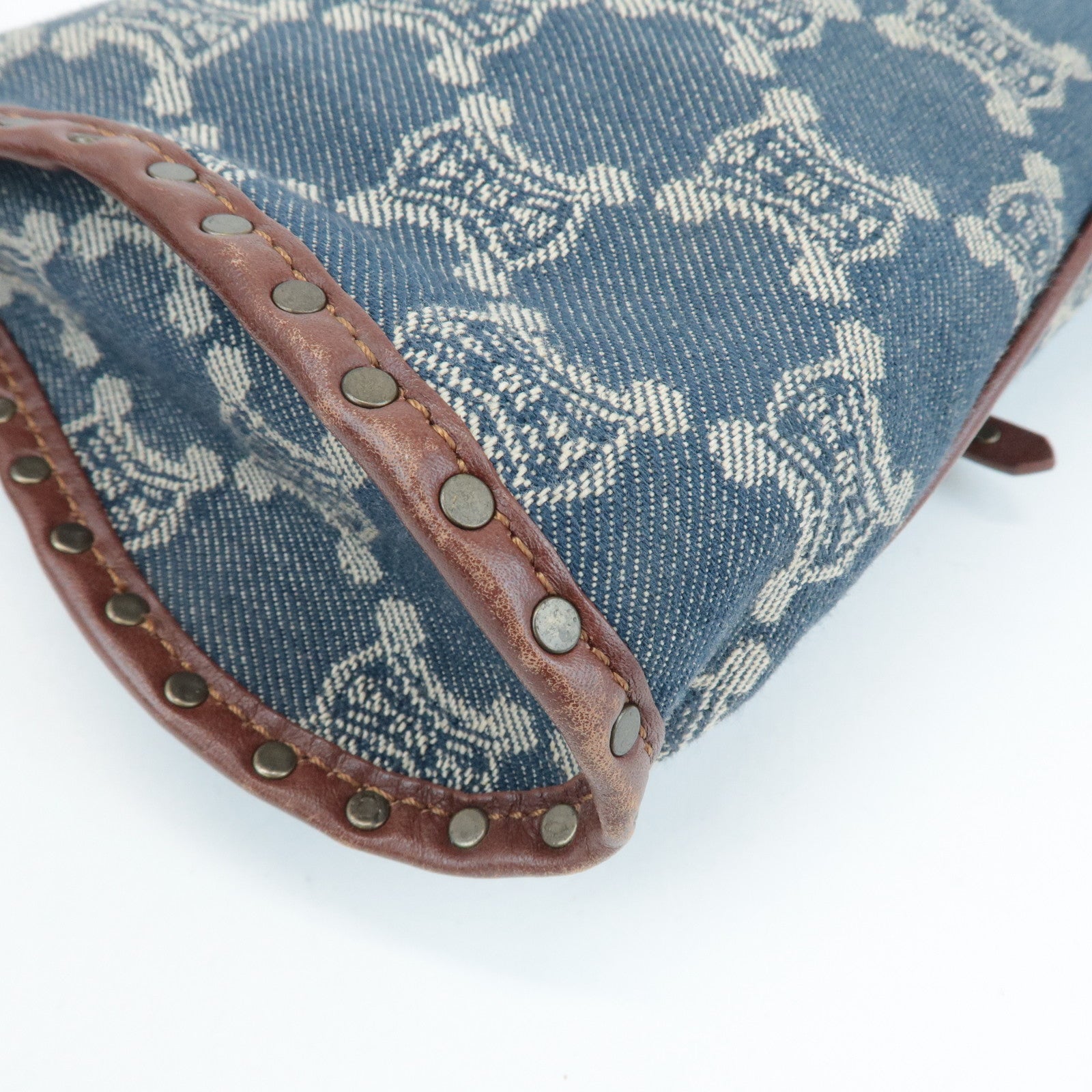 CELINE Macadam Denim Leather Shoulder Bag Blue Brown Used