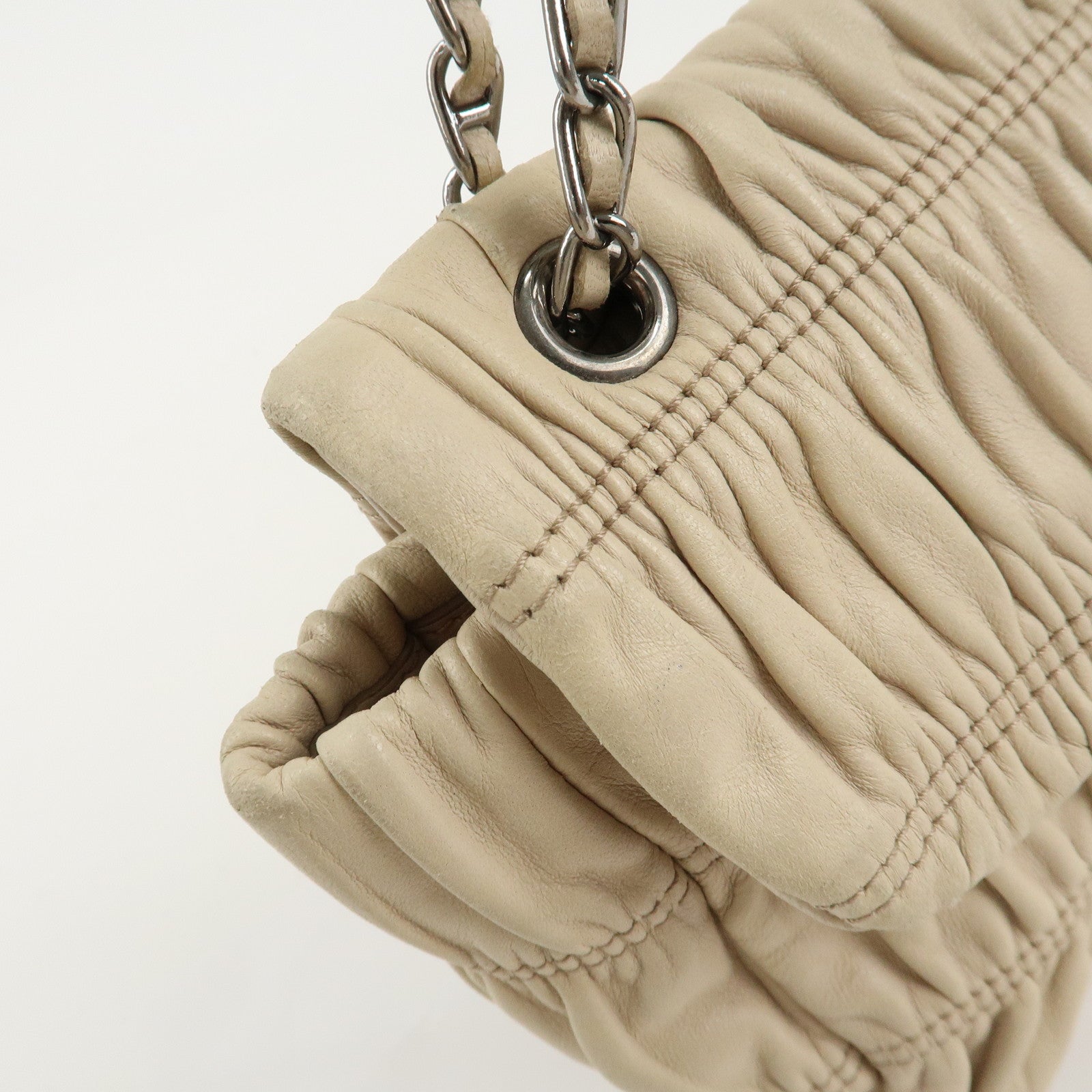 PRADA Leather Gathered Chain Shoulder Bag Ivory B4695C Used