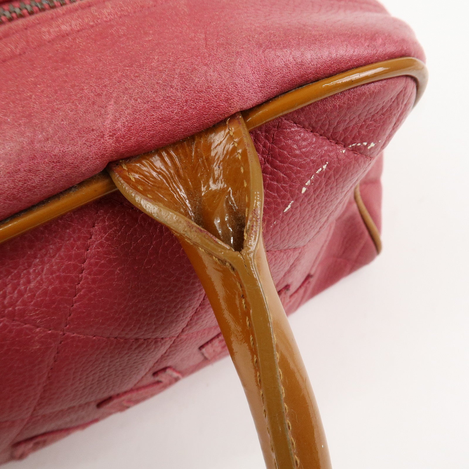 CHANEL Matelasse Leather Patent Leather Mini Boston Bag Pink Brown