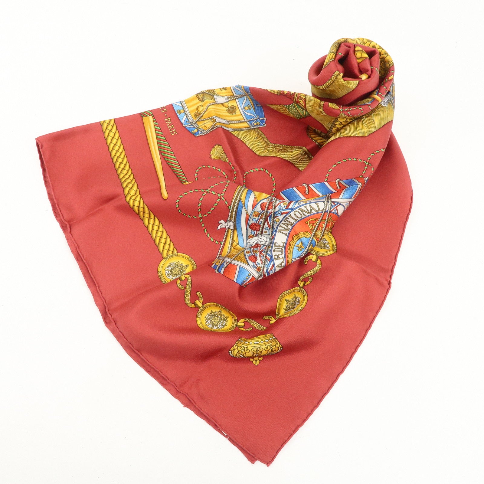 HERMES Carre 90 100% Silk Scarf LES TAMBOURS Drum Print Wine Red Used