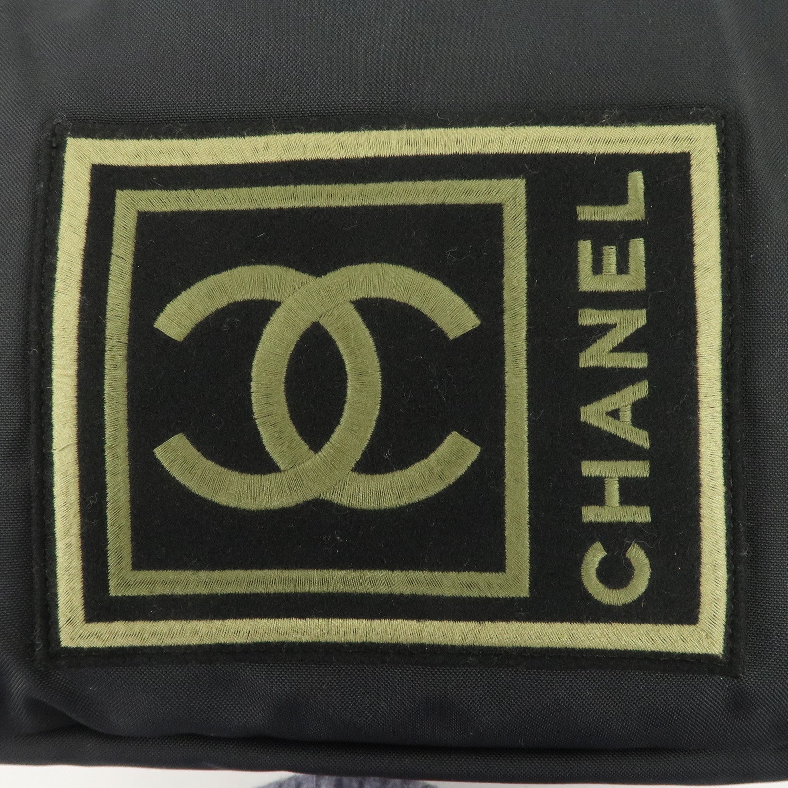 CHANEL Sports Nylon COCO Mark Shoulder Bag Black Khaki Used