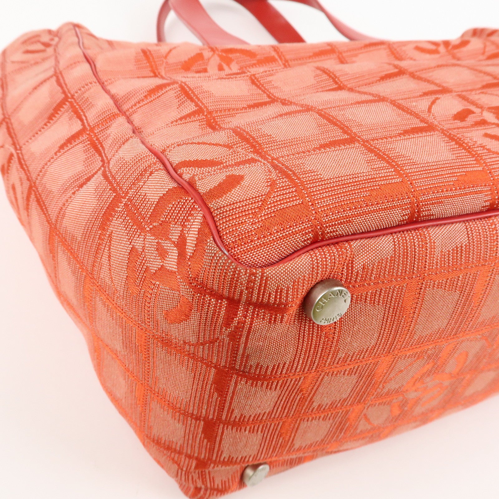 CHANEL New Travel Line Nylon Jacquard Leather Tote Bag Red A15991 Used