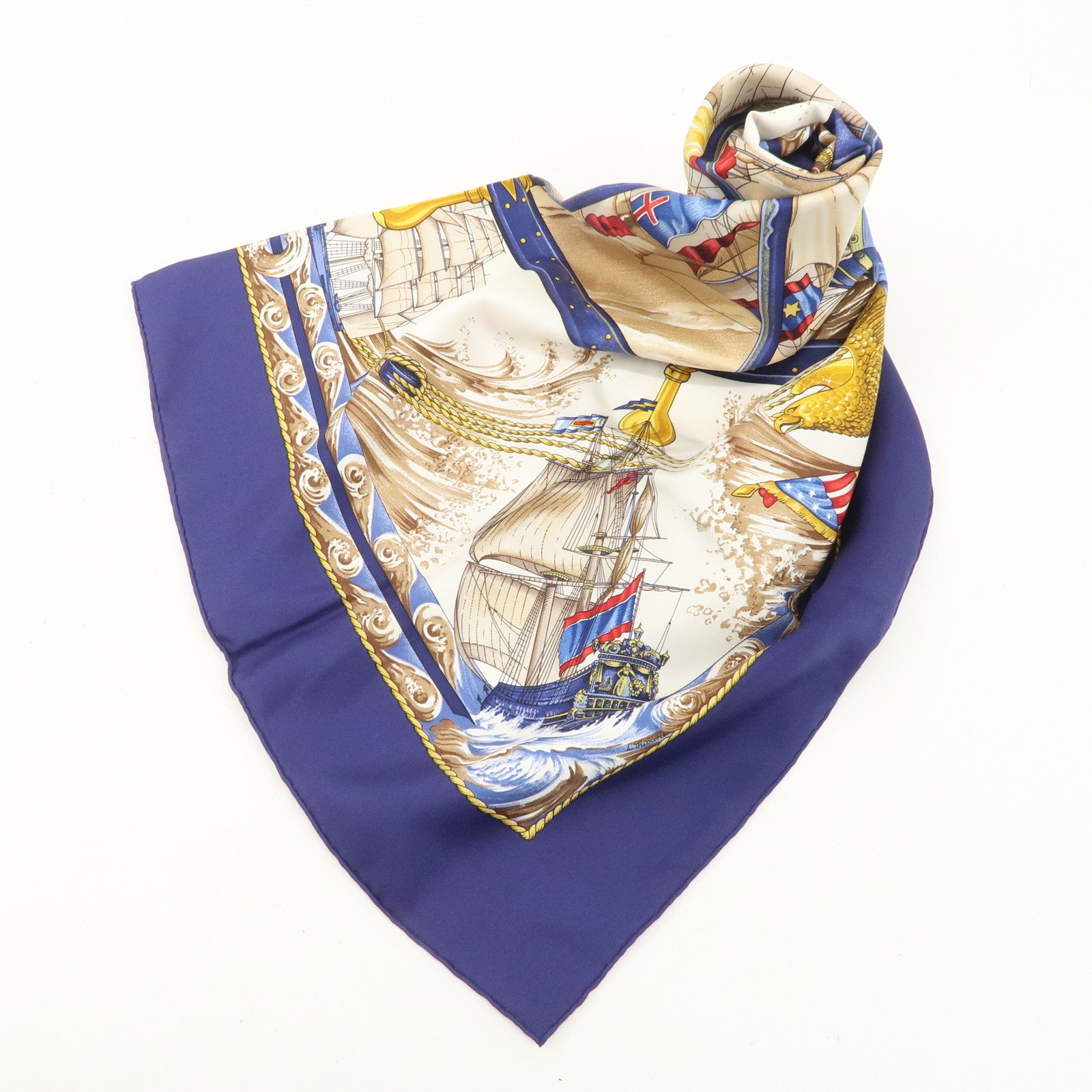 HERMES Carre 90 Silk 100% Scarf Vive levent Navy White Gold Used