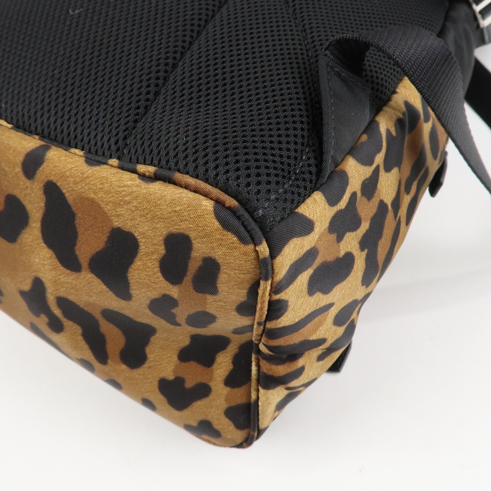PRADA Leopard Nylon Leather Rucksack Black Brown 1BZ001 Used