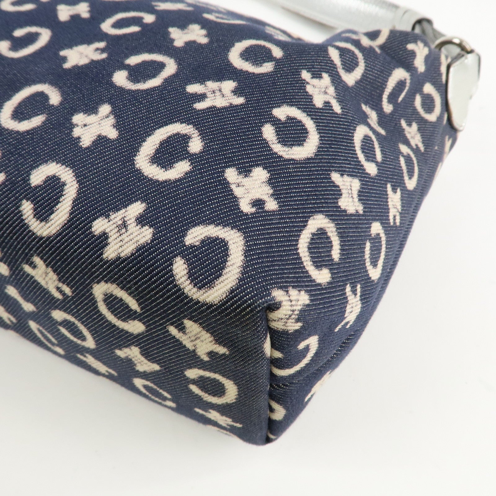 CELINE C Macadam Canvas Leather Shoulder Bag Navy Silver Used