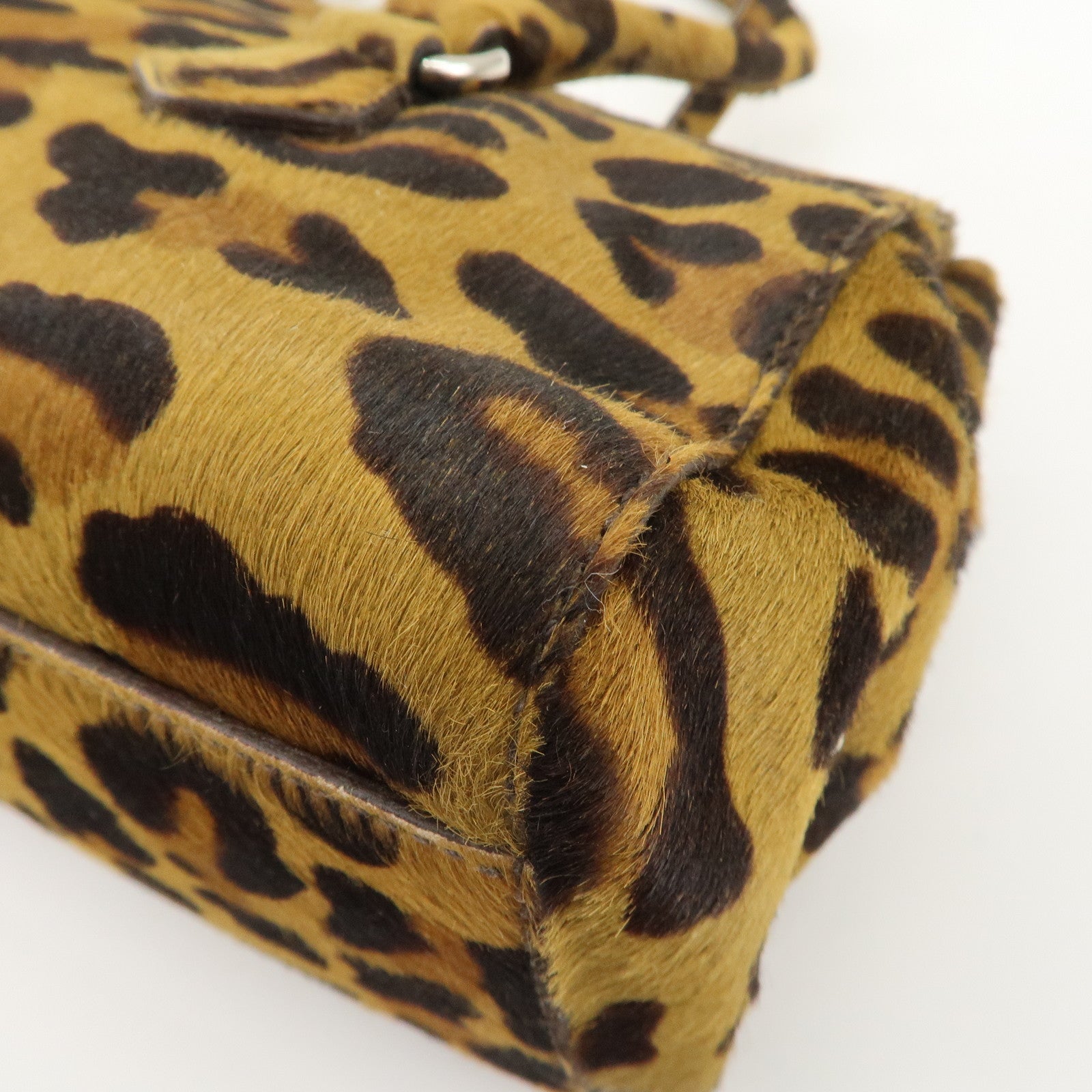 PRADA Logo Unborn Calf Leopard Shoulder Bag Hand Bag Brown Used