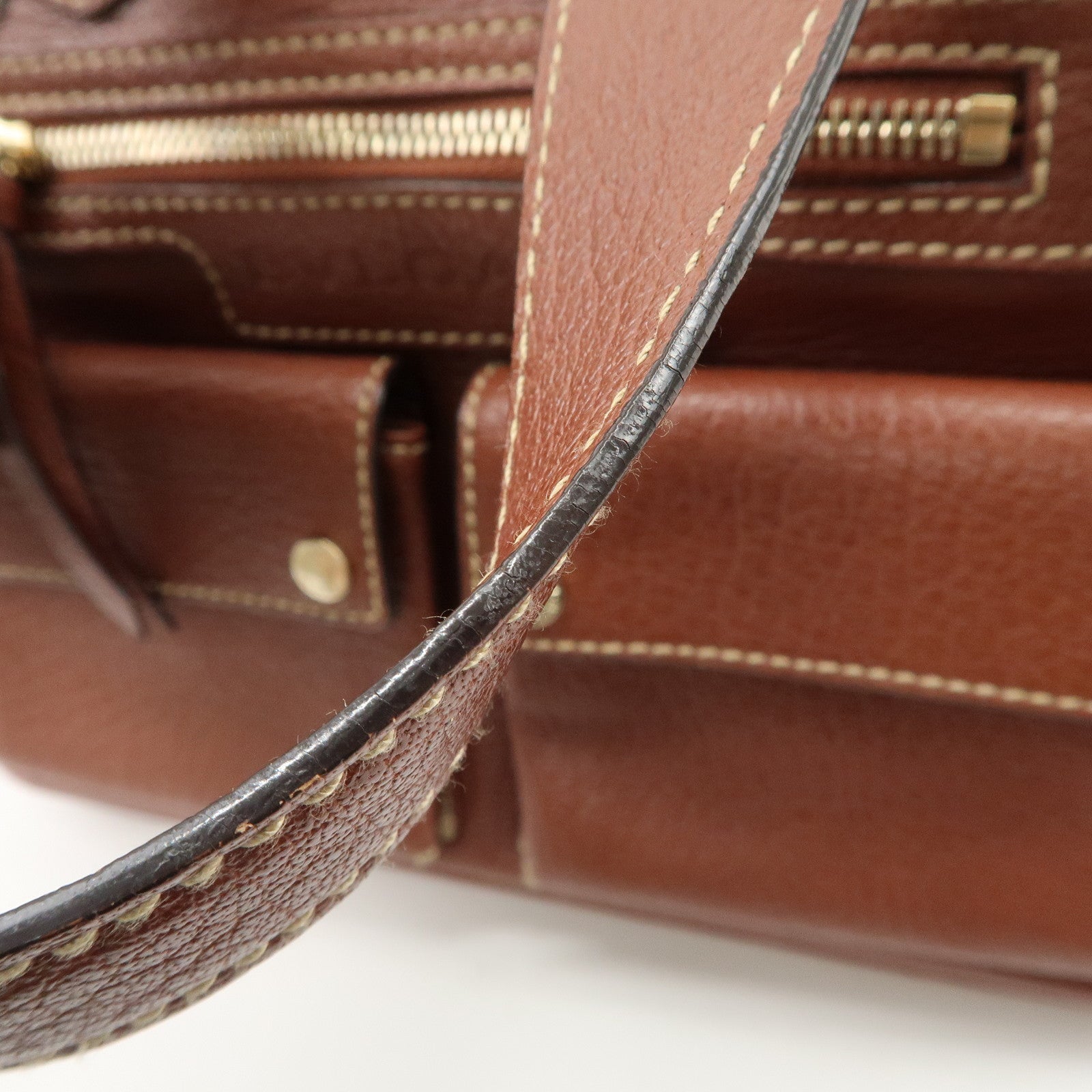 BVLGARI Leather Front Pocket Hand Bag Tote Bag Brown Used