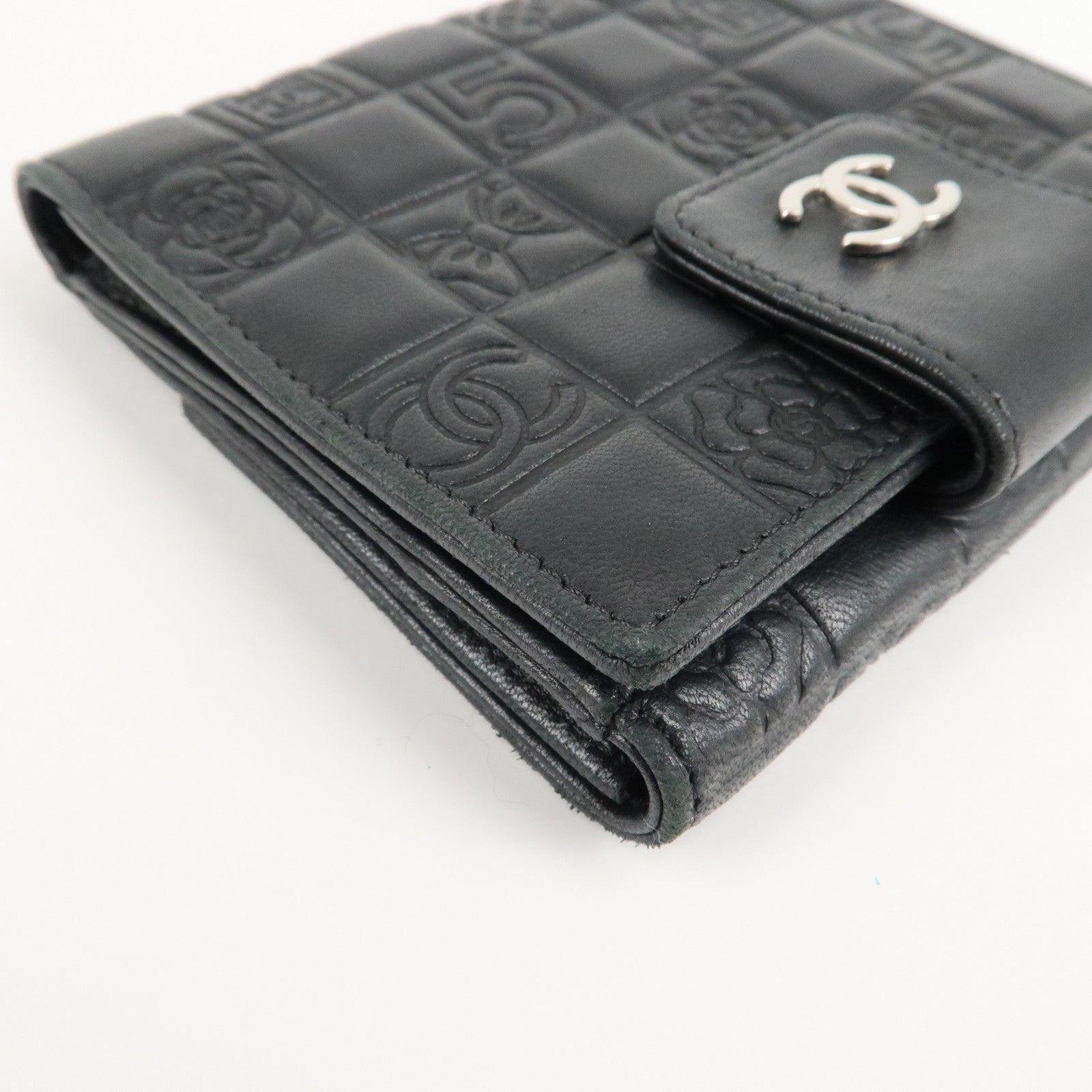 CHANEL Icon Line Lamb Skin W Flap Bi-fold Wallet Black A24212 Used