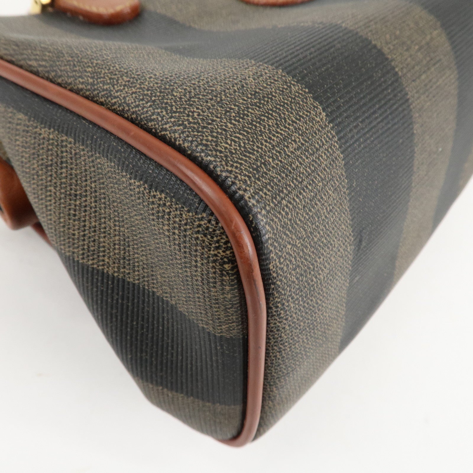 FENDI Pequin PVC Leather Mini Boston Bag Khaki Brown Black Used