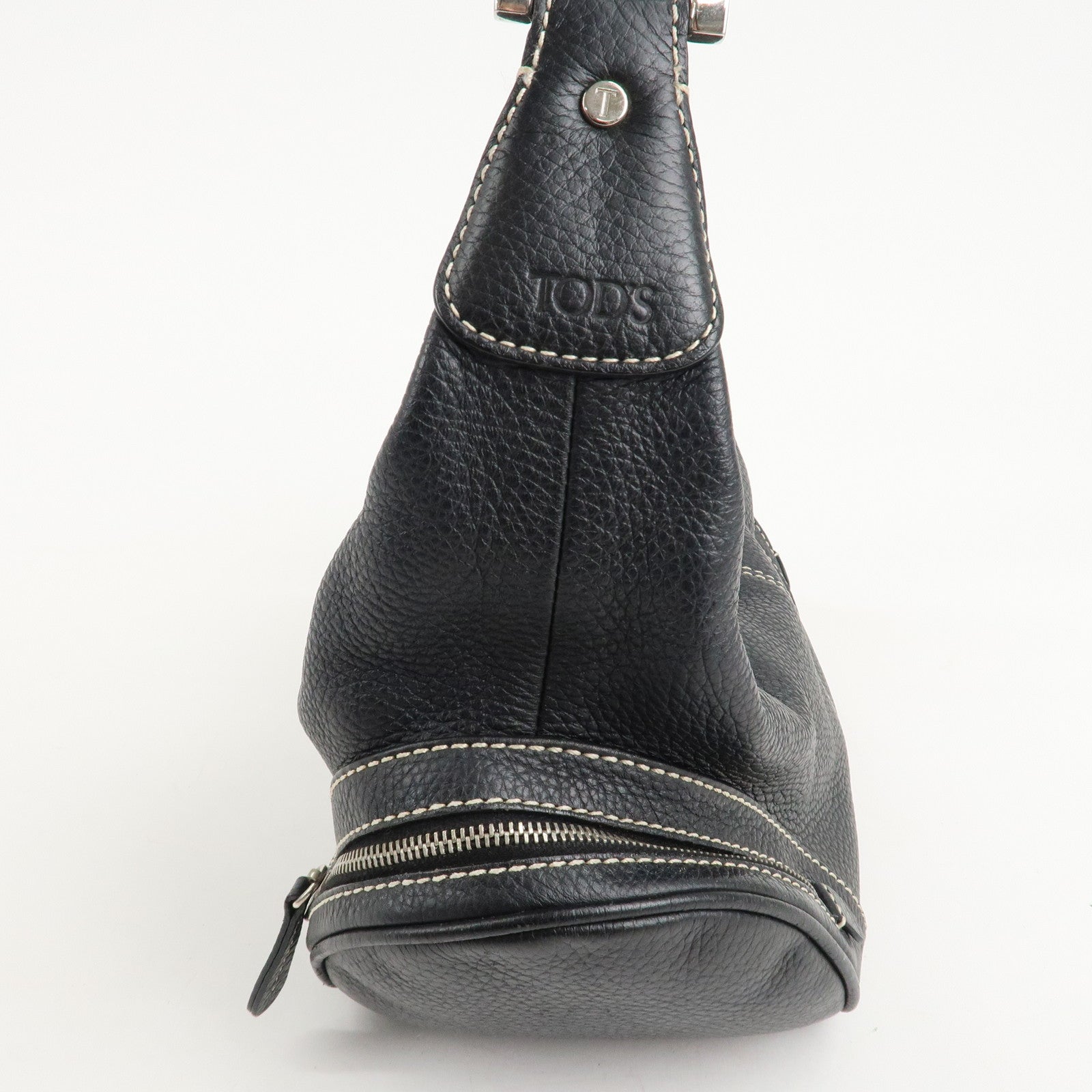 TOD'S Leather Shoulder Bag Hand Bag Black Silver Hardware Used