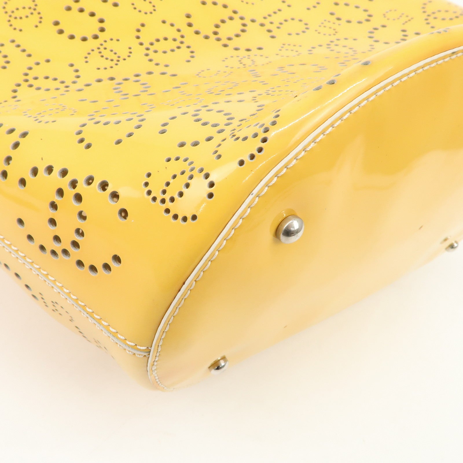 CHANEL COCO Mark No.5 Patent Leather Punching Hand Bag Yellow Used