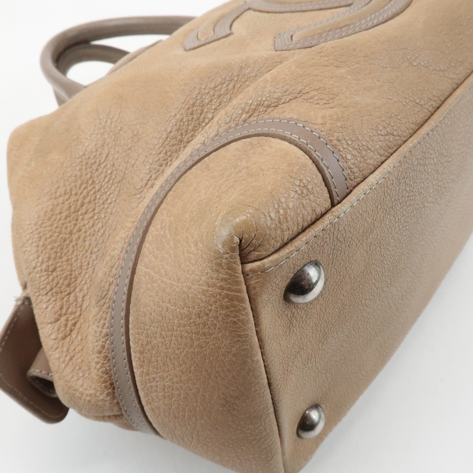 CHANEL COCO Mark Leather Boston Bag Brown Silver Hardware Used