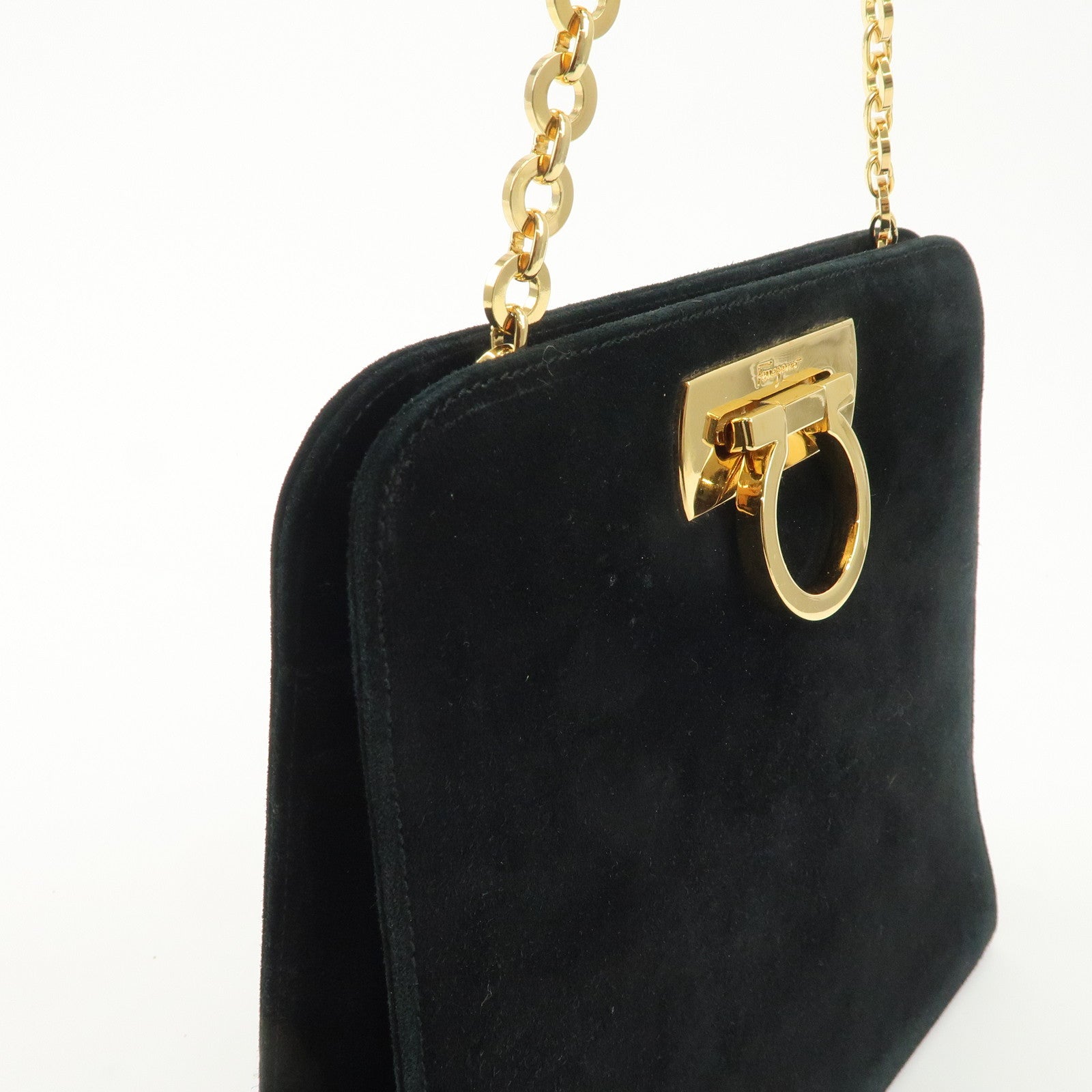Salvatore Ferragamo Gancini Suede Chain Shoulder Black Bag Used