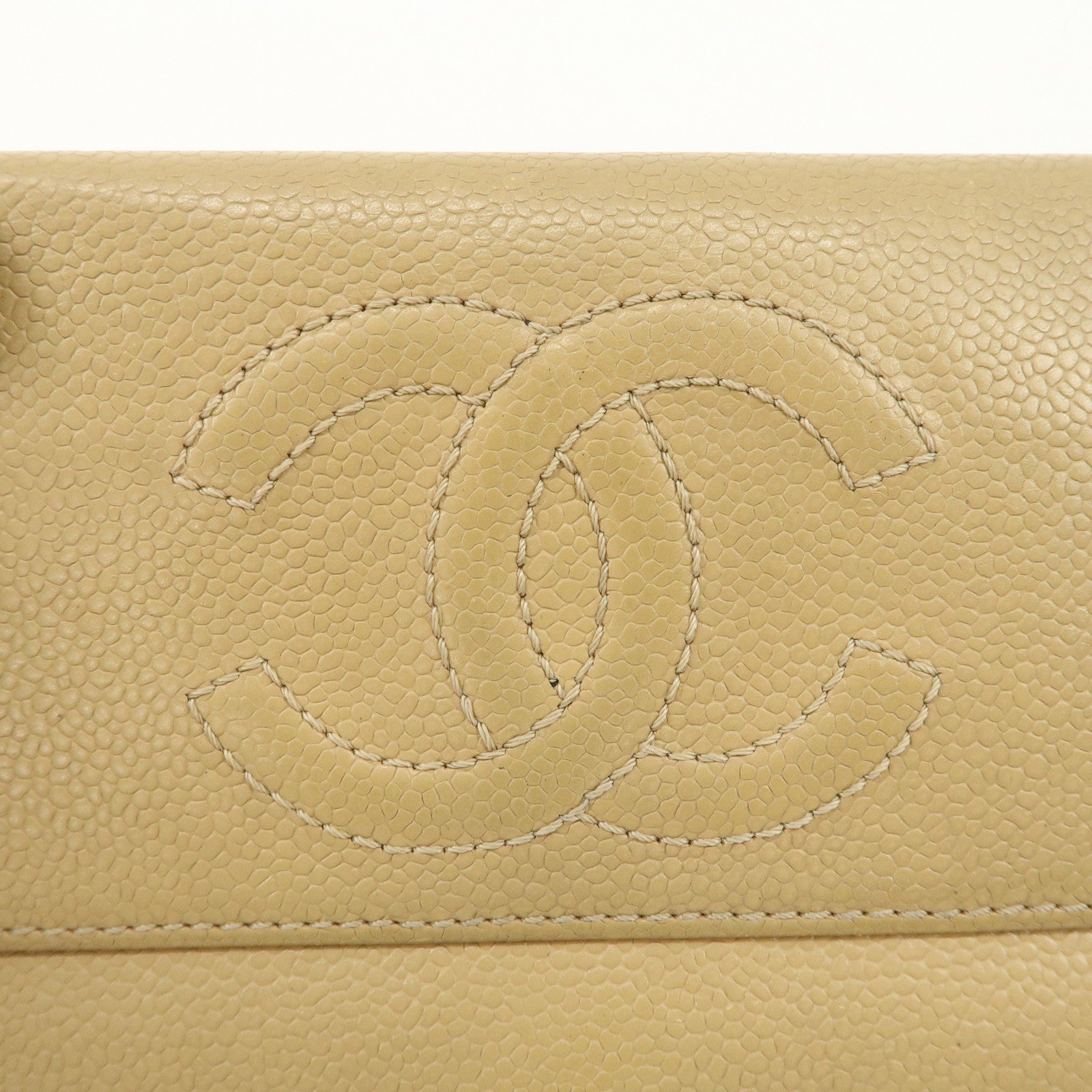 CHANEL Caviar Skin COCO Mark Tri-Fold Wallet Beige Gold Used