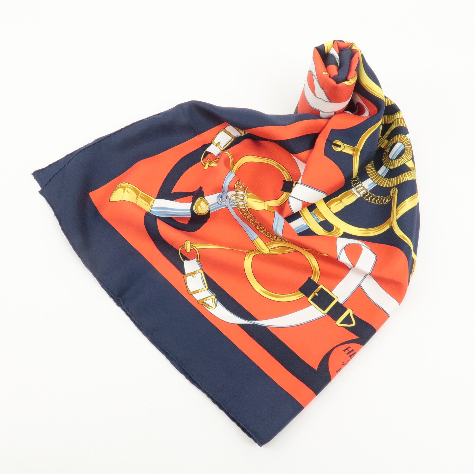 HERMES Carre 90 100% Silk Carre 90 Eperon d'or Red Navy Gold Used