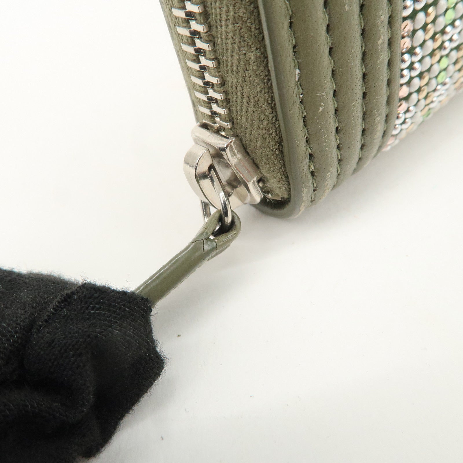 CHANEL Boy Chanel Rhine Stone Leather Round Zipper Long Wallet Used