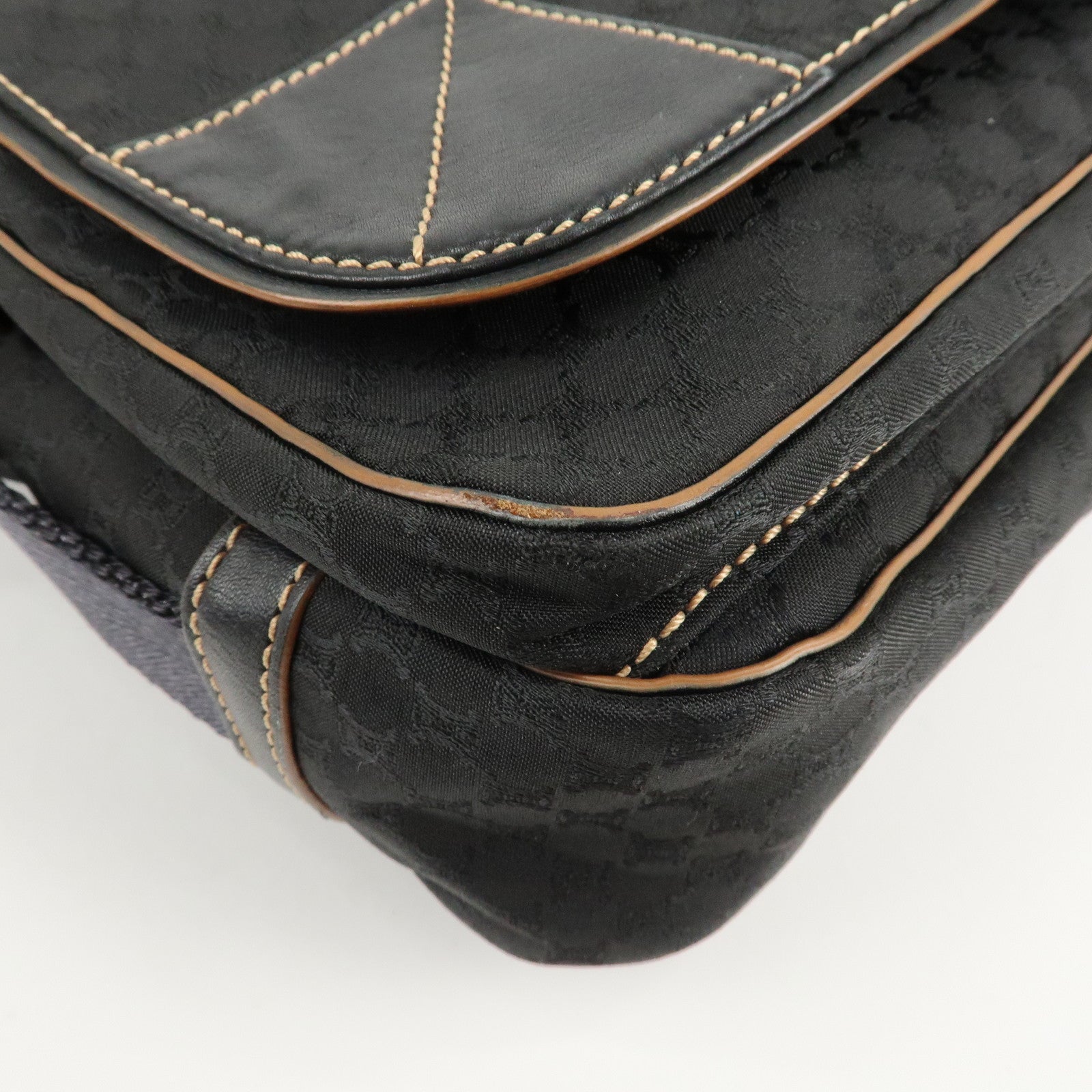 CELINE Macadam Canvas Leather Shoulder Bag Black Used