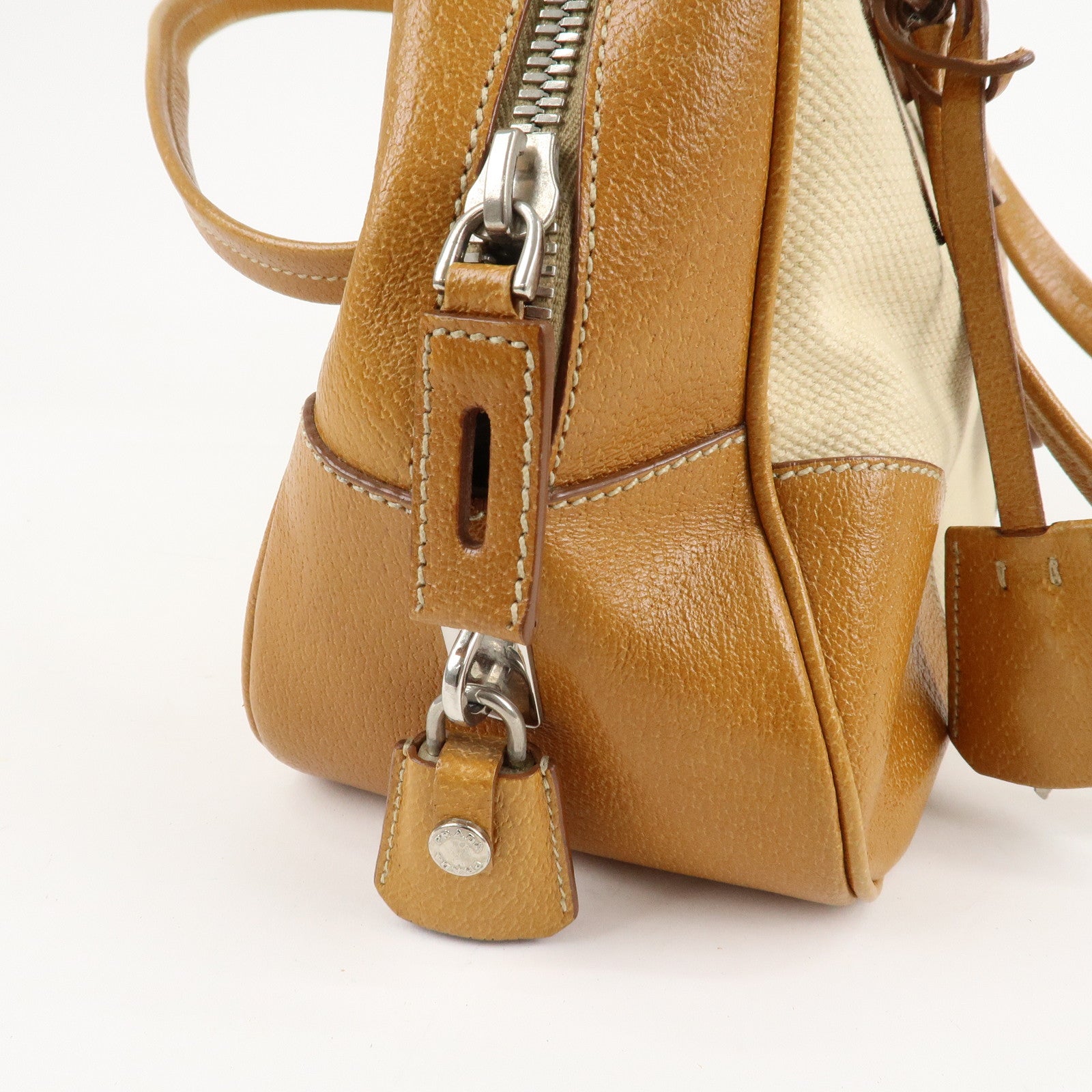 PRADA Canvas Leather Triangle Logo Boston Bag Ivory Brown Used