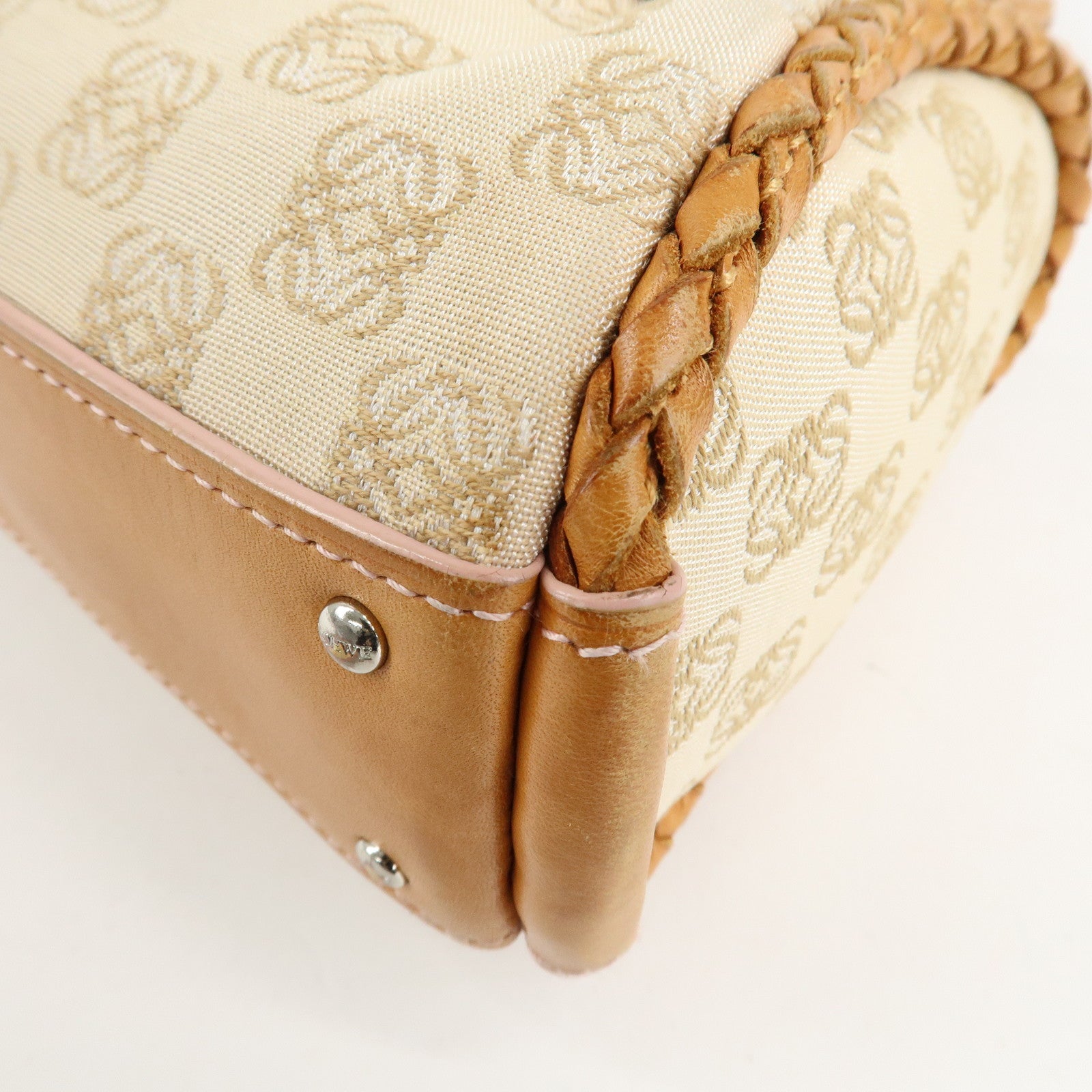 LOEWE Anagram Canvas Leather Shoulder Bag Boston Bag Beige Brown Used