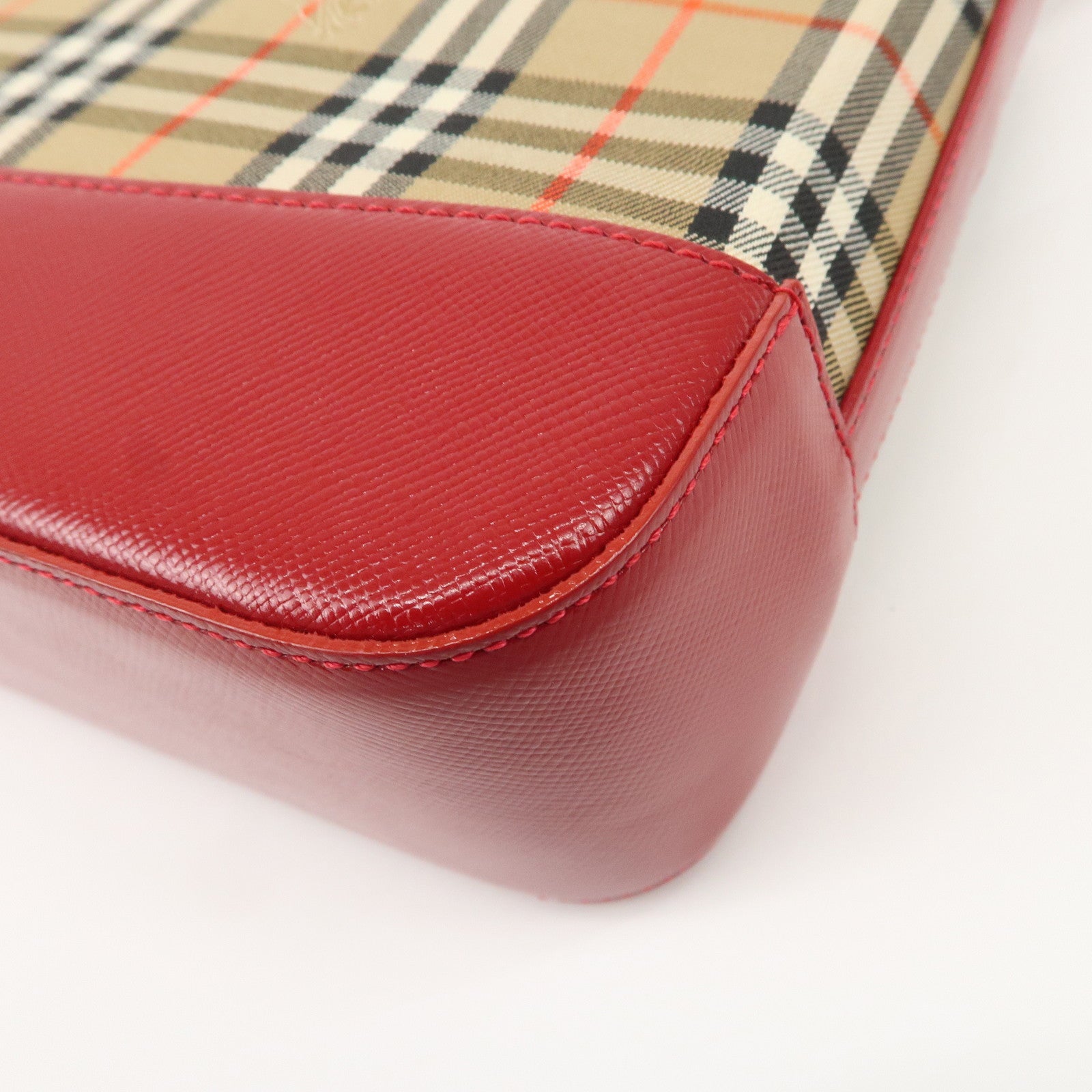 BURBERRY Nova Plaid Canvas Leather Shoulder Bag Hand Bag Red Used