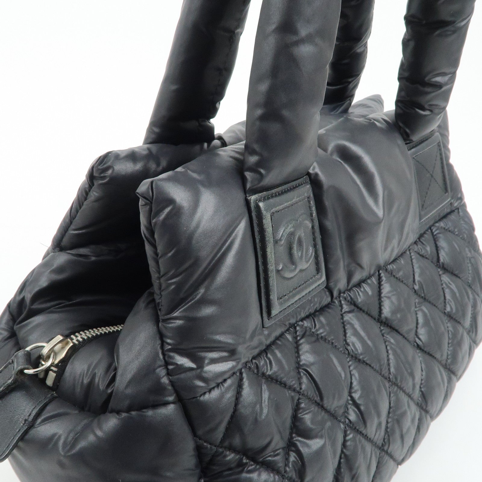 CHANEL COCO Cocoon Nylon Leather Tote Bag Hand Bag Black Used