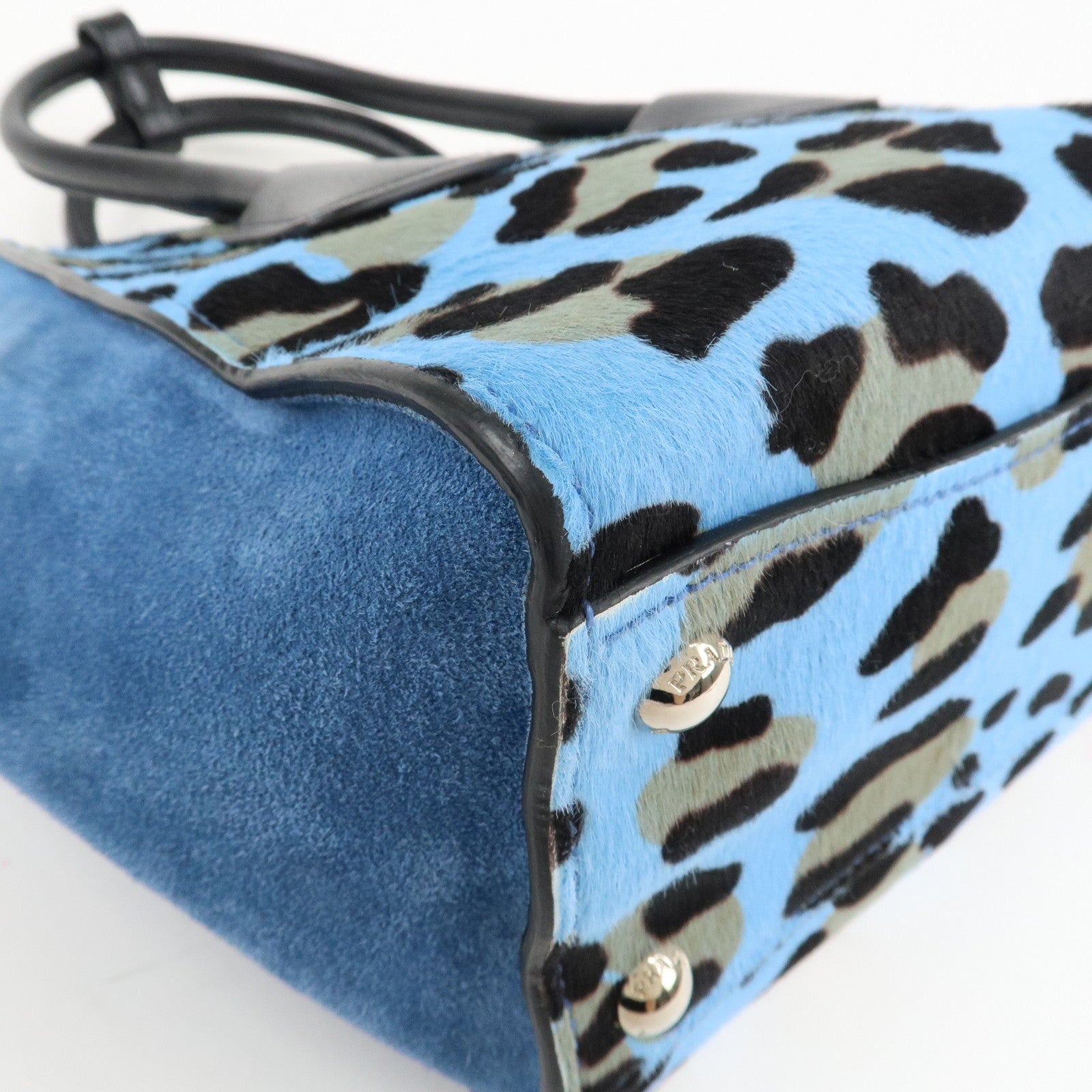 PRADA Unborn Calf Suede Leather 2Way Hand Bag Blue Black 1BA025 Used