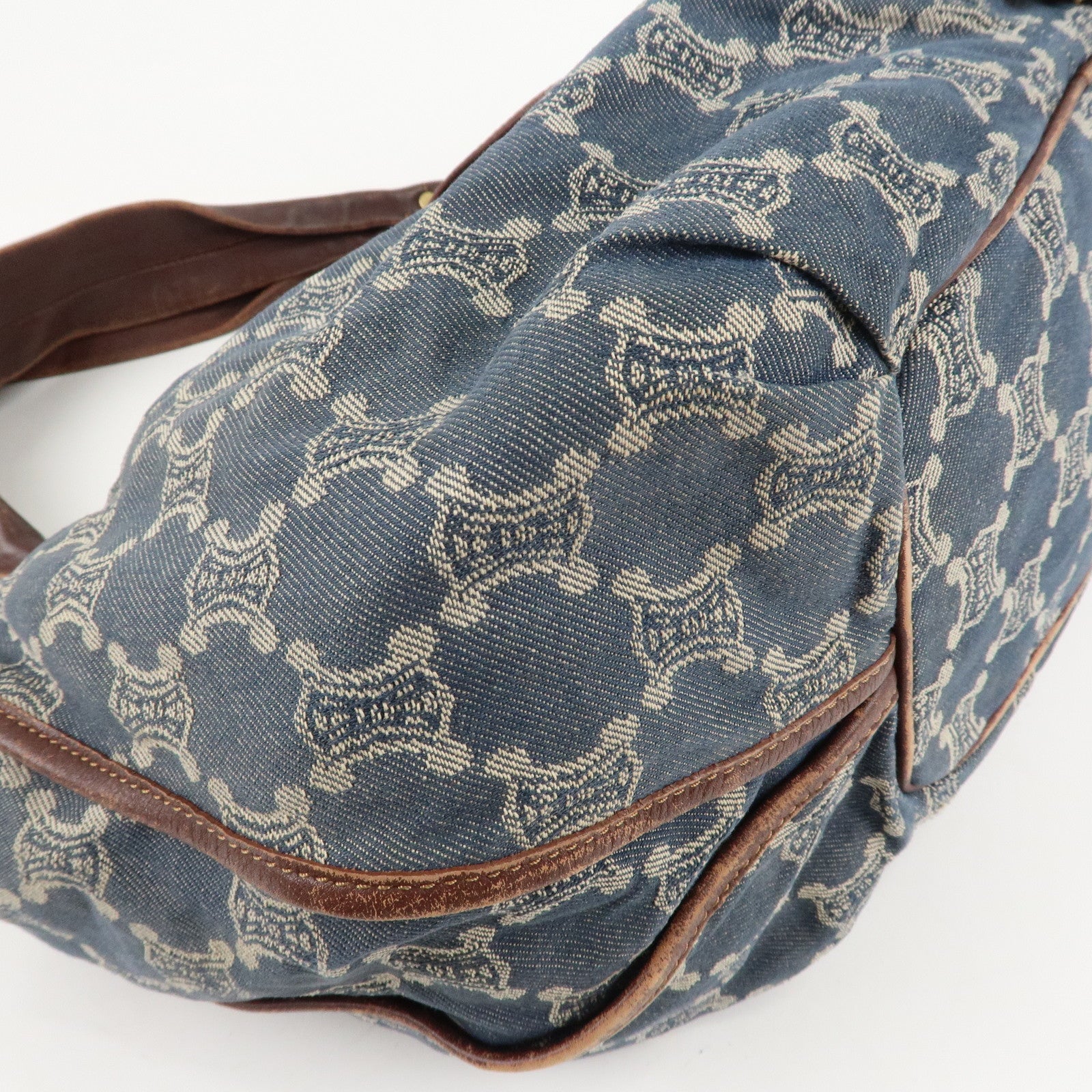 CELINE Macadam Denim Leather Bittersweet Shoudler Bag Navy Brown Used