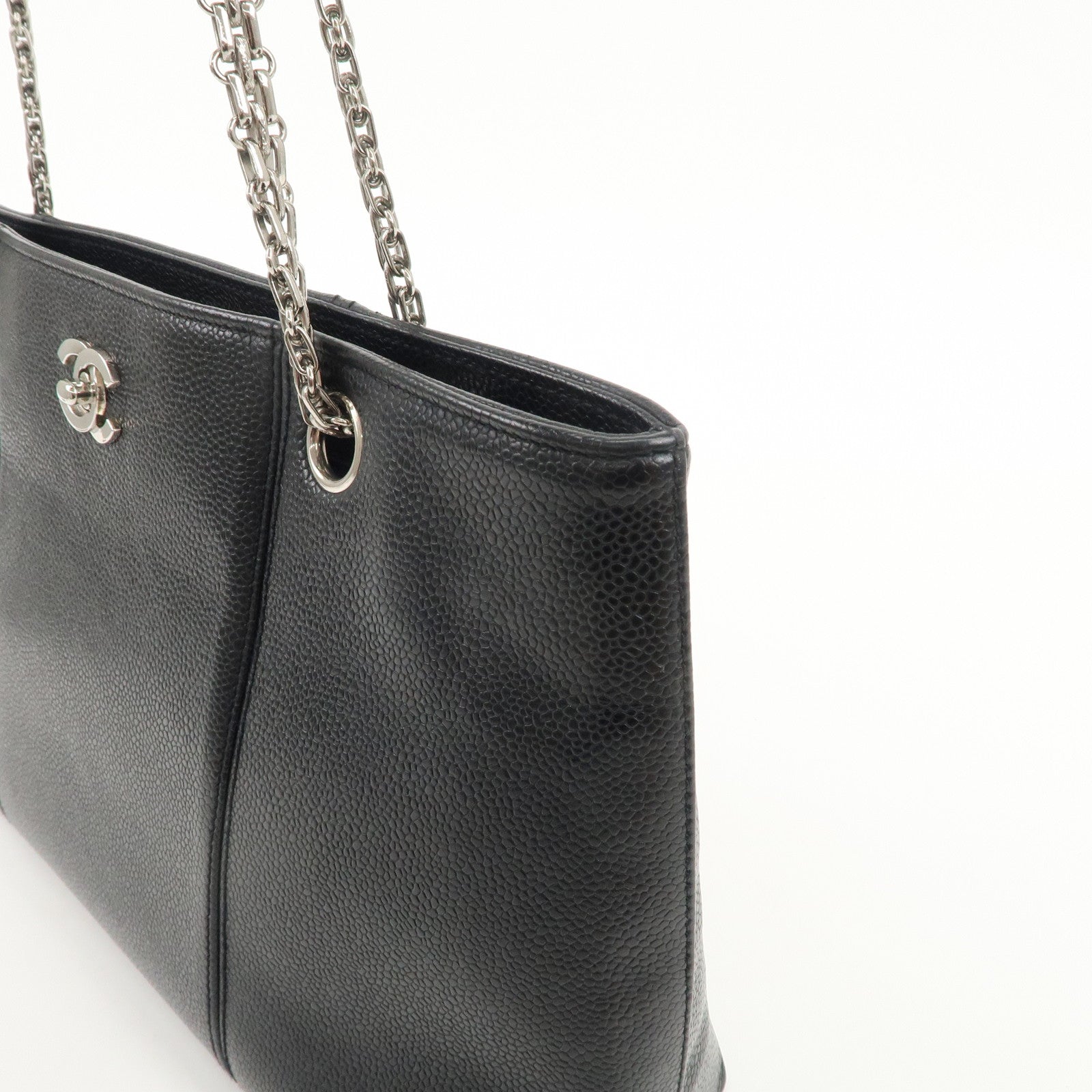 CHANEL Caviar Skin Chain Tote Bag Shoulder Black Silver HDW Used