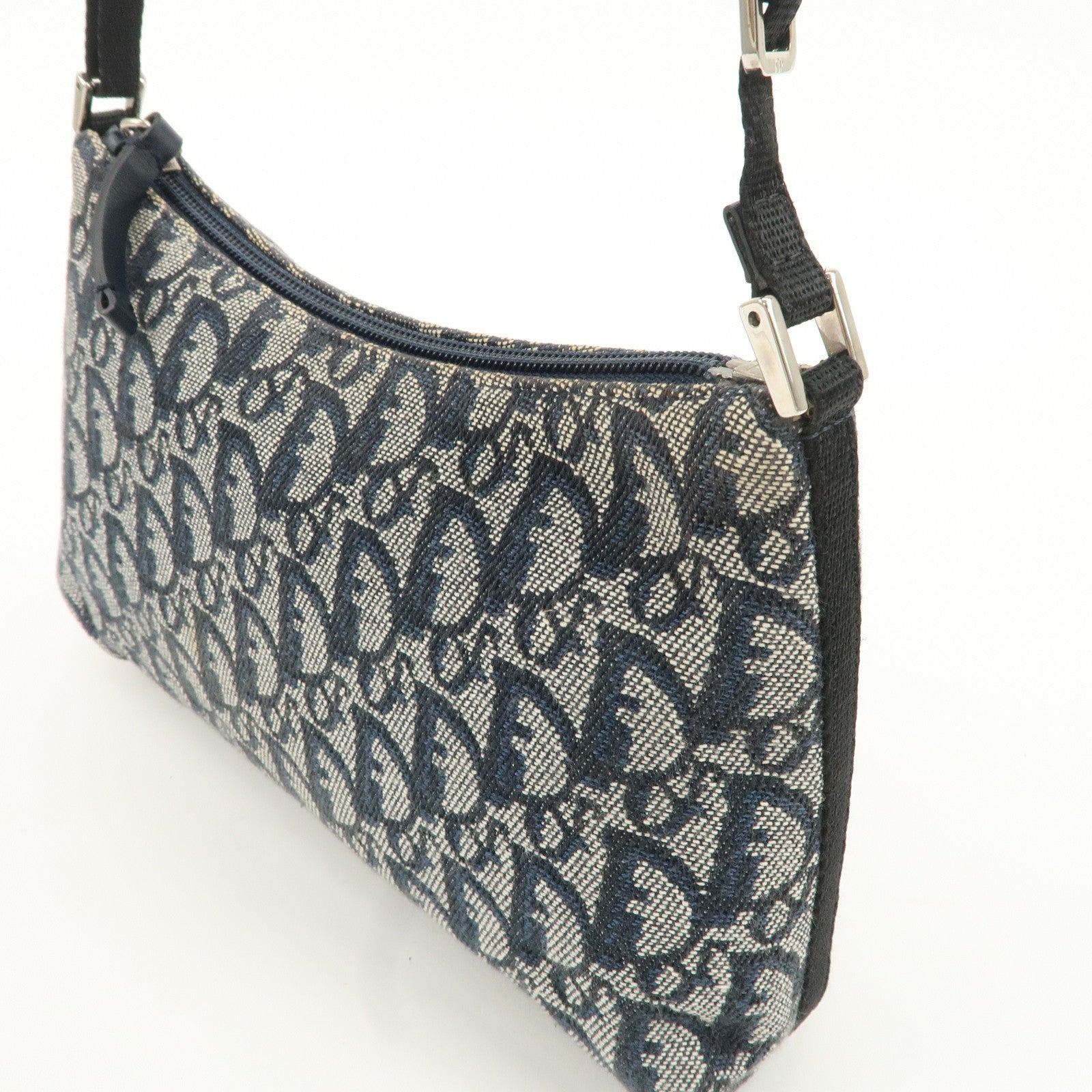 Christian Dior Trotter Canvas Leather Shoulder Bag Navy White Used