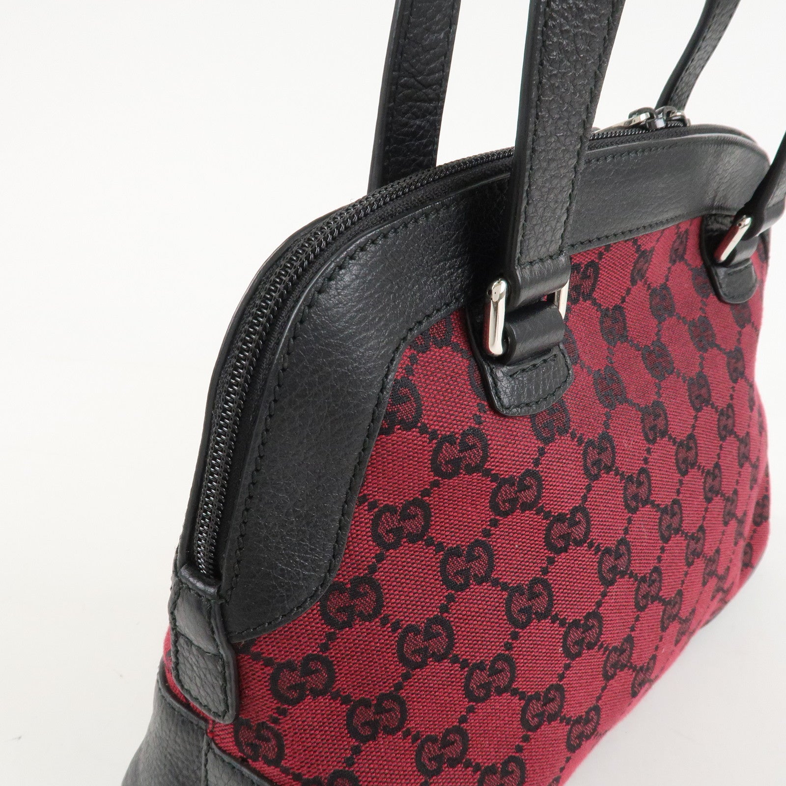 GUCCI GG Canvas Leather Tote Bag Hand Bag Black Red 272378 Used