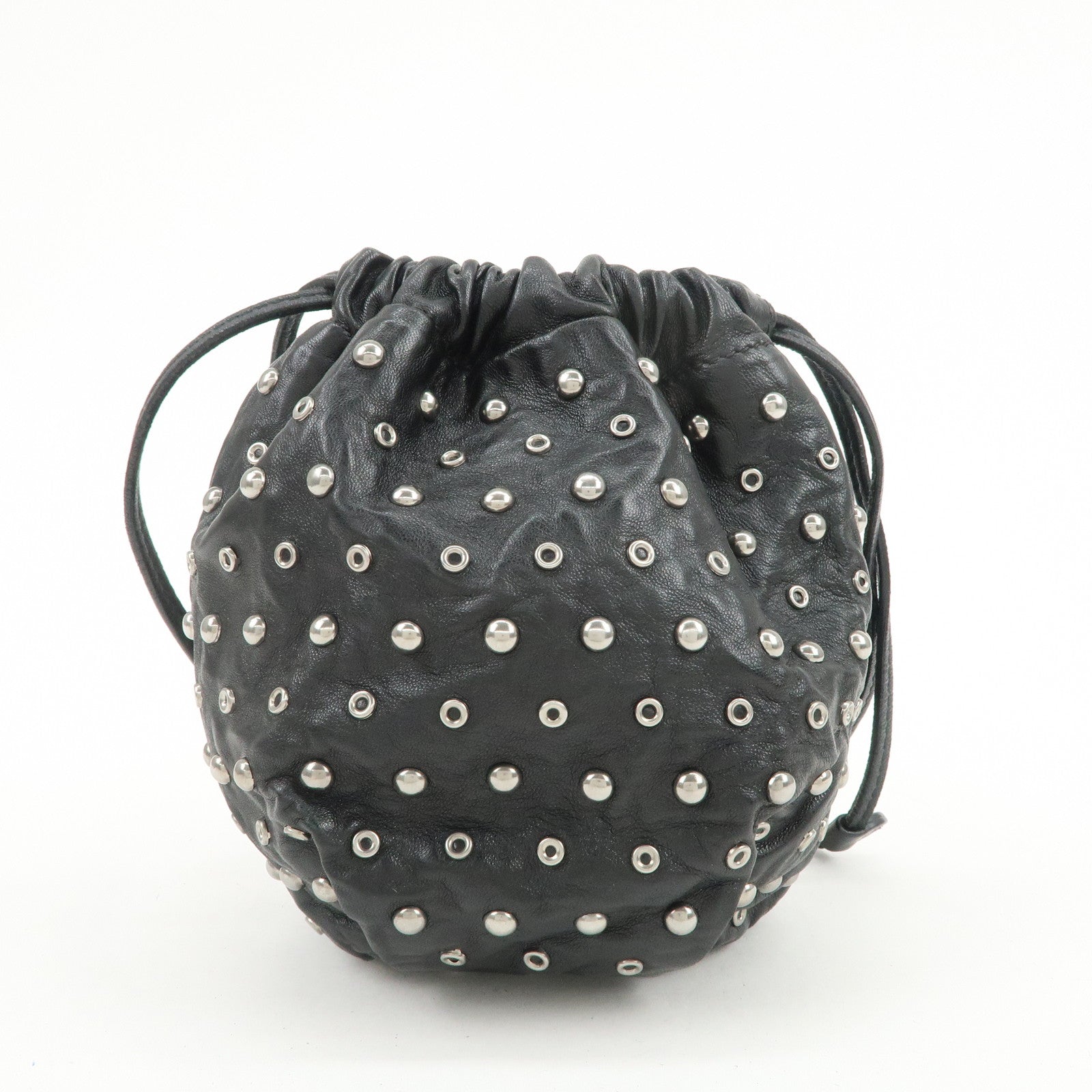 PRADA Studs Leather Drawstring Bag Cosmetic Pouch Black