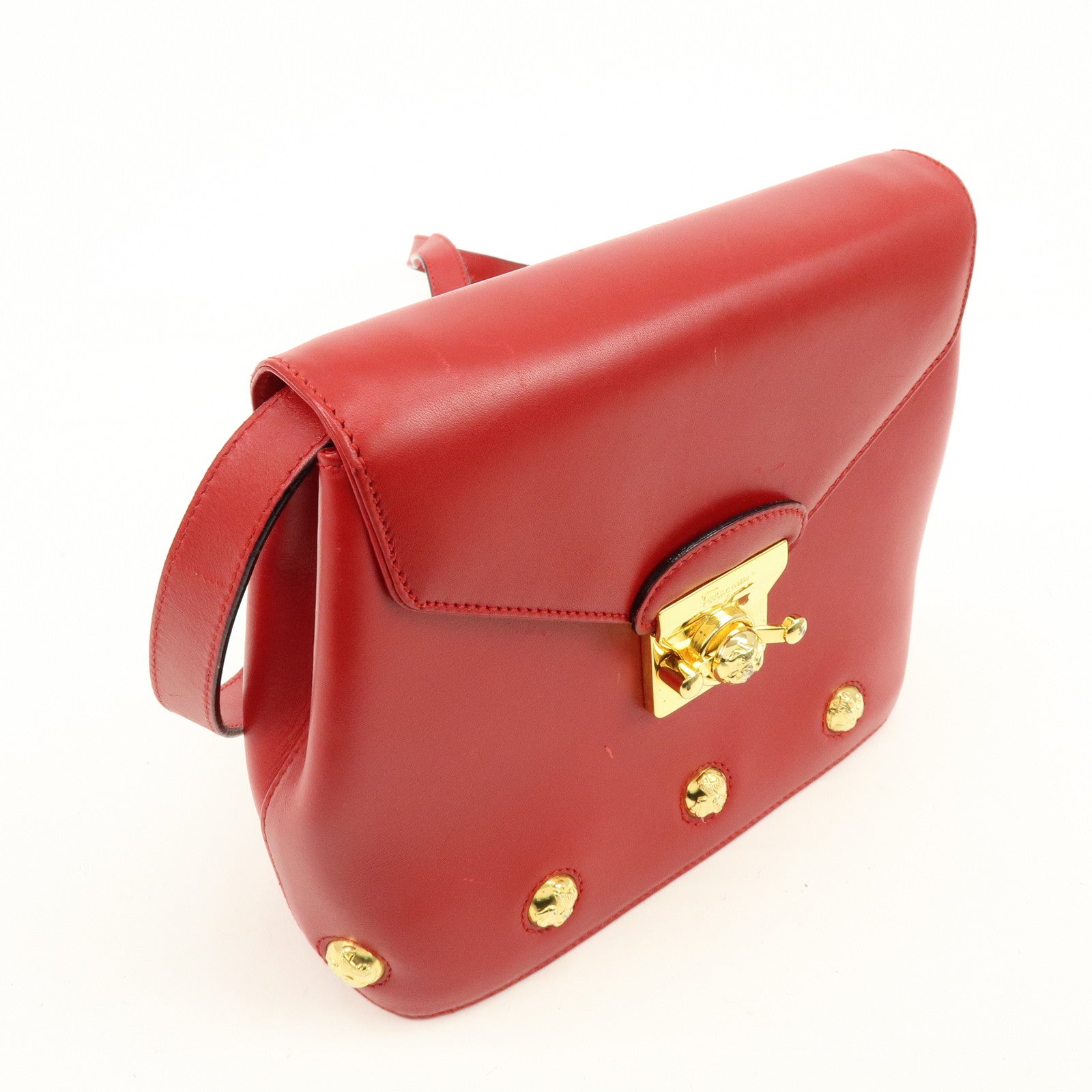 Ferragamo Leather Studs Shoulder Bag Red