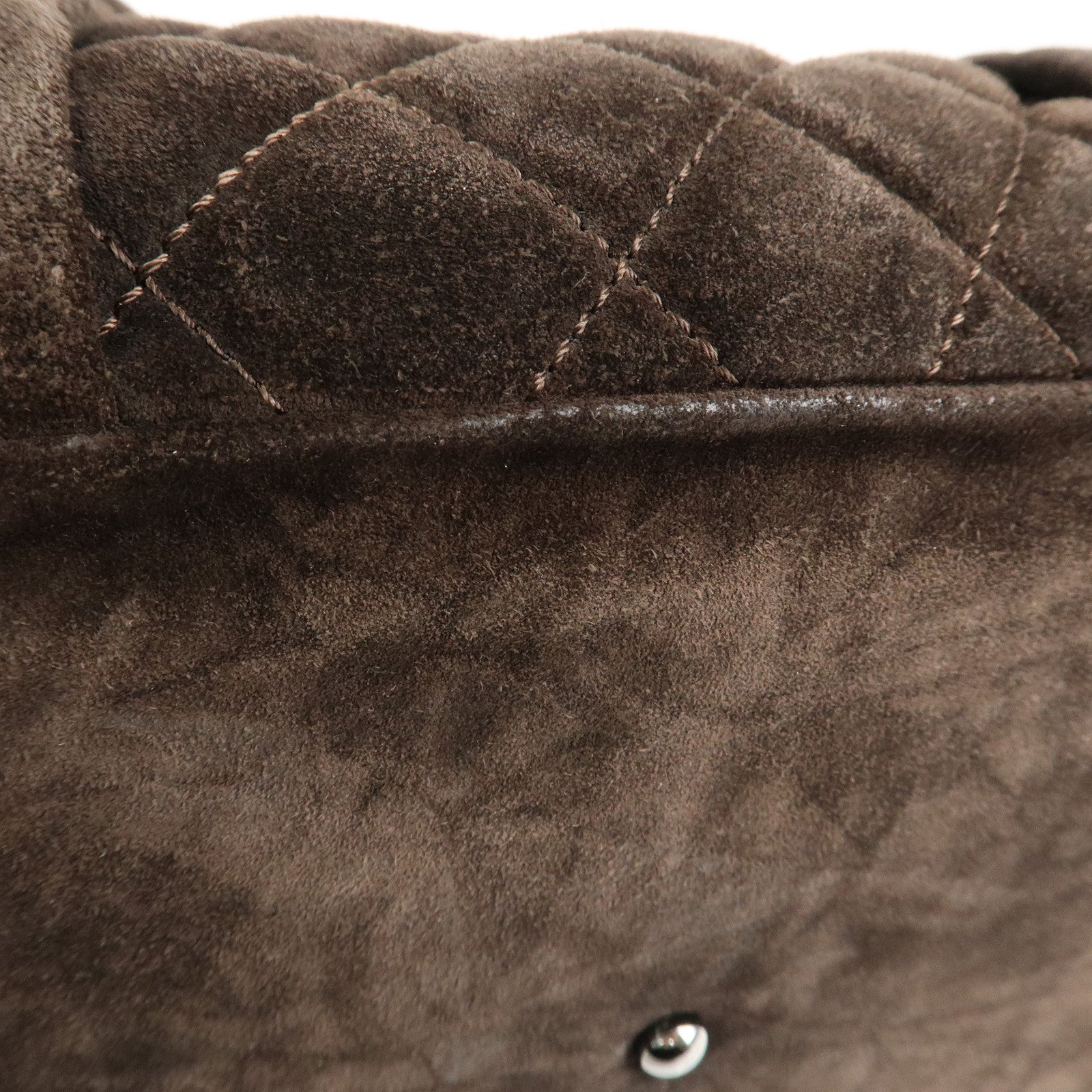 CHANEL Matelasse Suede Boston Bag Brown Silver Hardware Used