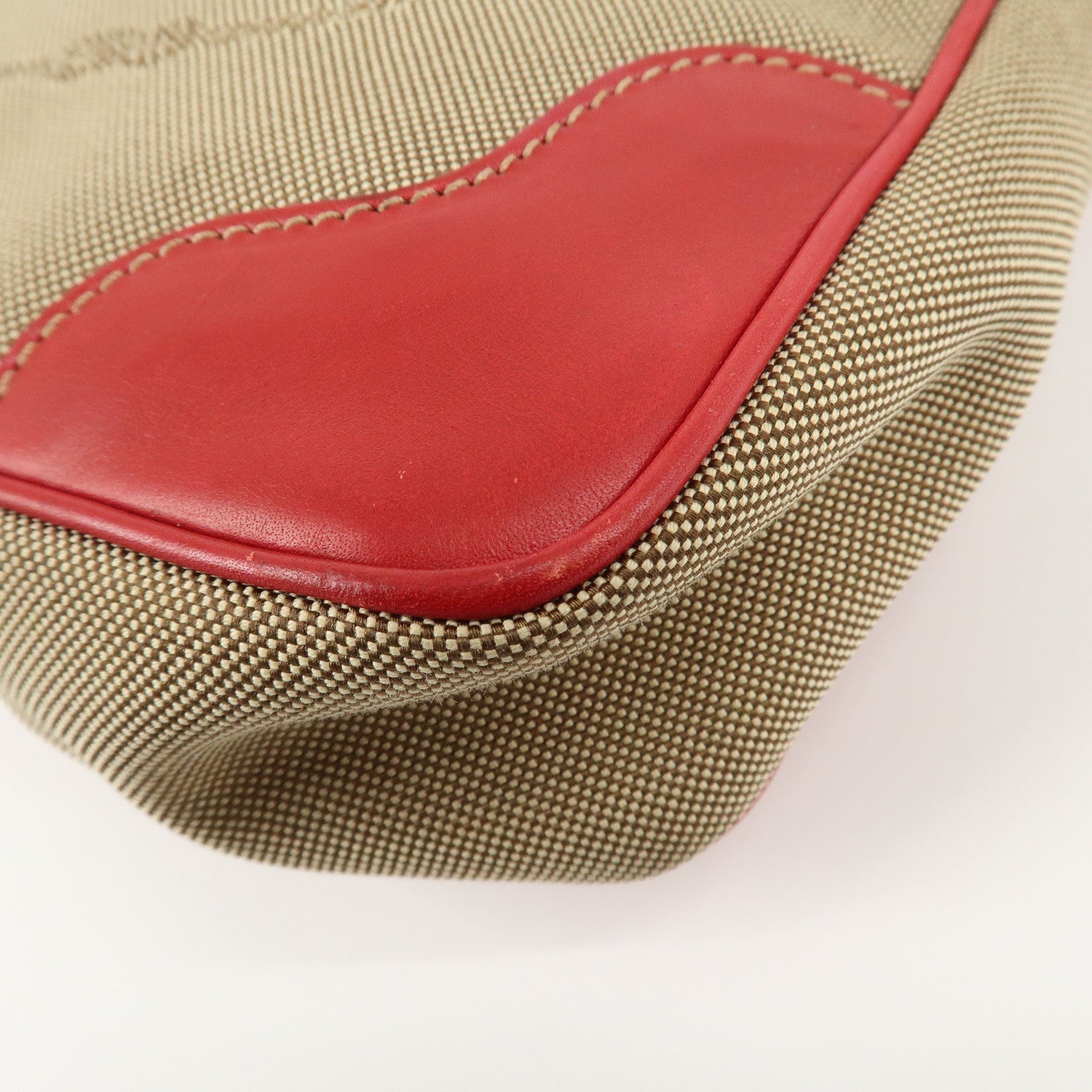 PRADA Logo Jacquard Leather Shoulder Bag Beige Red Used