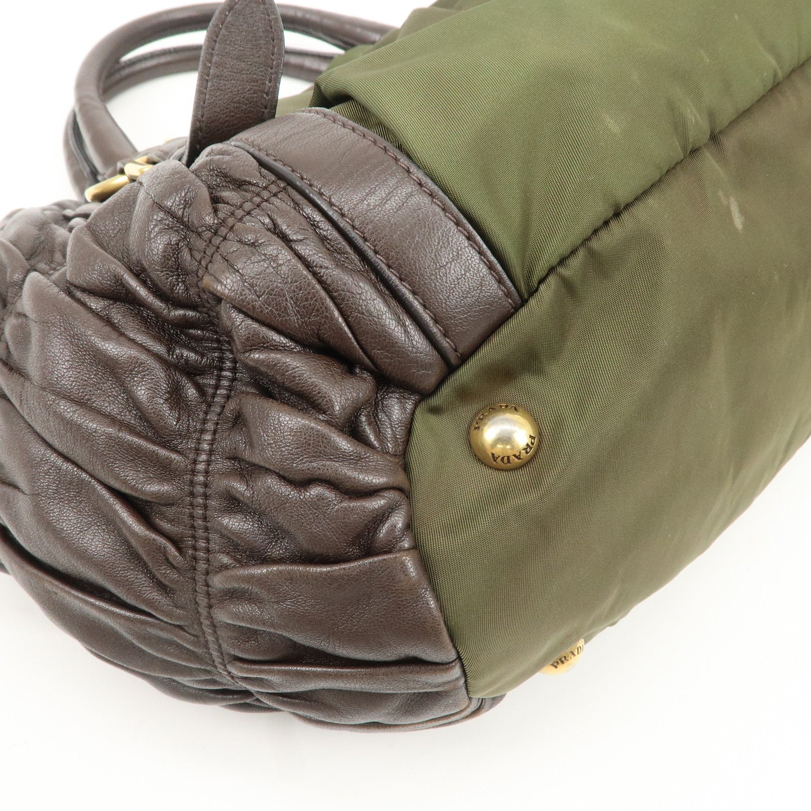PRADA Nylon Leather Gathered Hand Bag Green Brown BN1793 Used