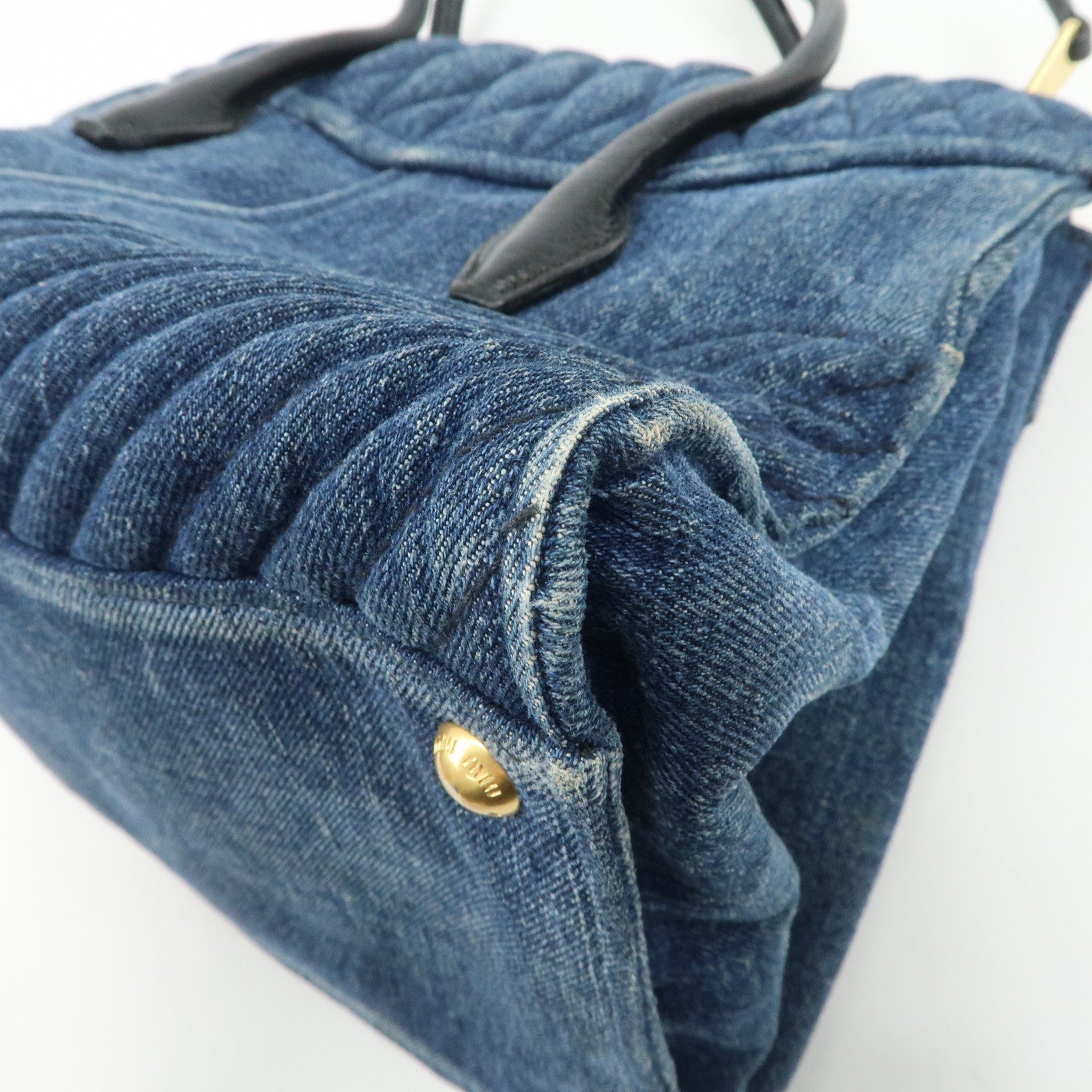 MIU MIU Denim Leather Biker 2Way Tote Bag Blue Black RN1031 Used