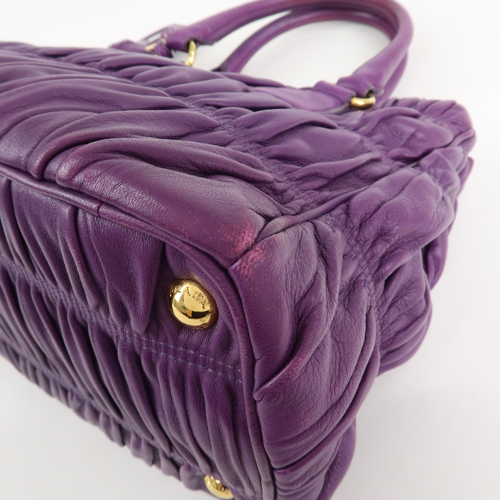 PRADA Leather Gathered Hand Bag Purple Gold Hardware BN2394 Used