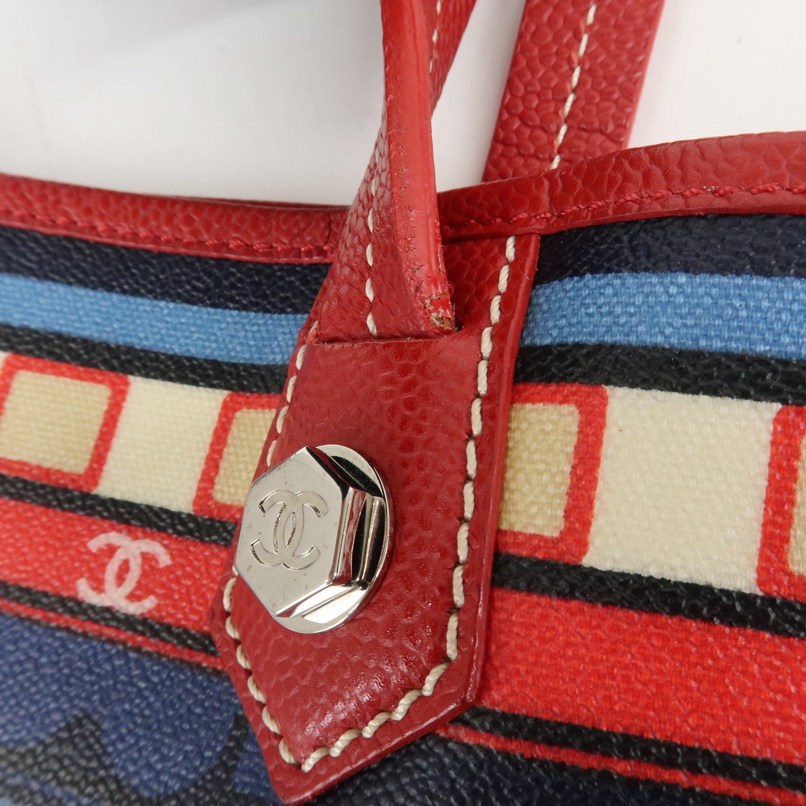 CHANEL PVC Leather Central Station Tote Bag Navy Red Used