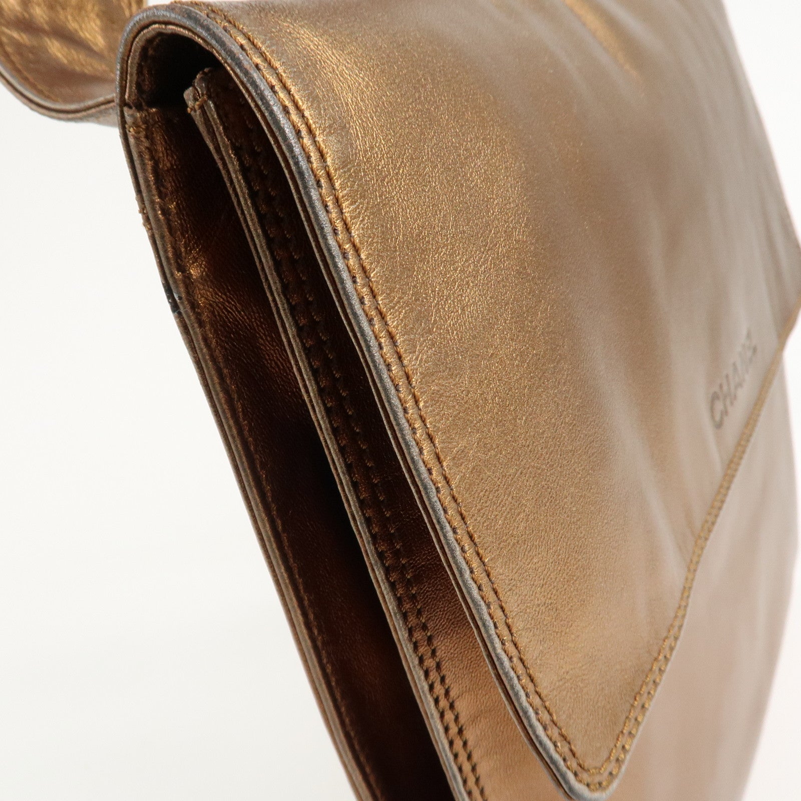 CHANEL Leather Logo Shoulder Bag Hand Bag Gold Used