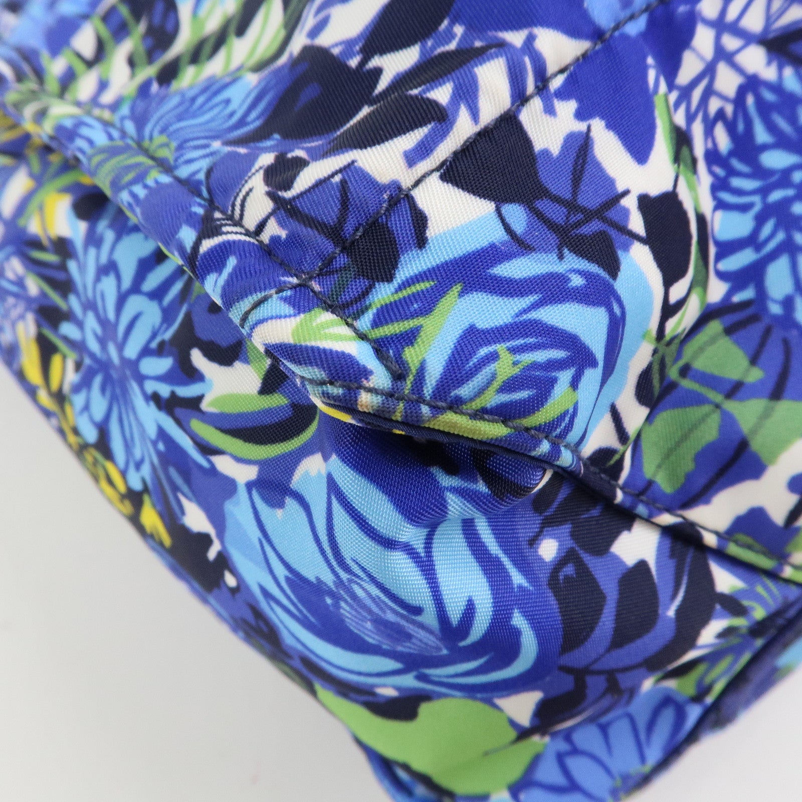 PRADA Logo Nylon Leather Tote Bag Floral Print Blue BN2851 Used