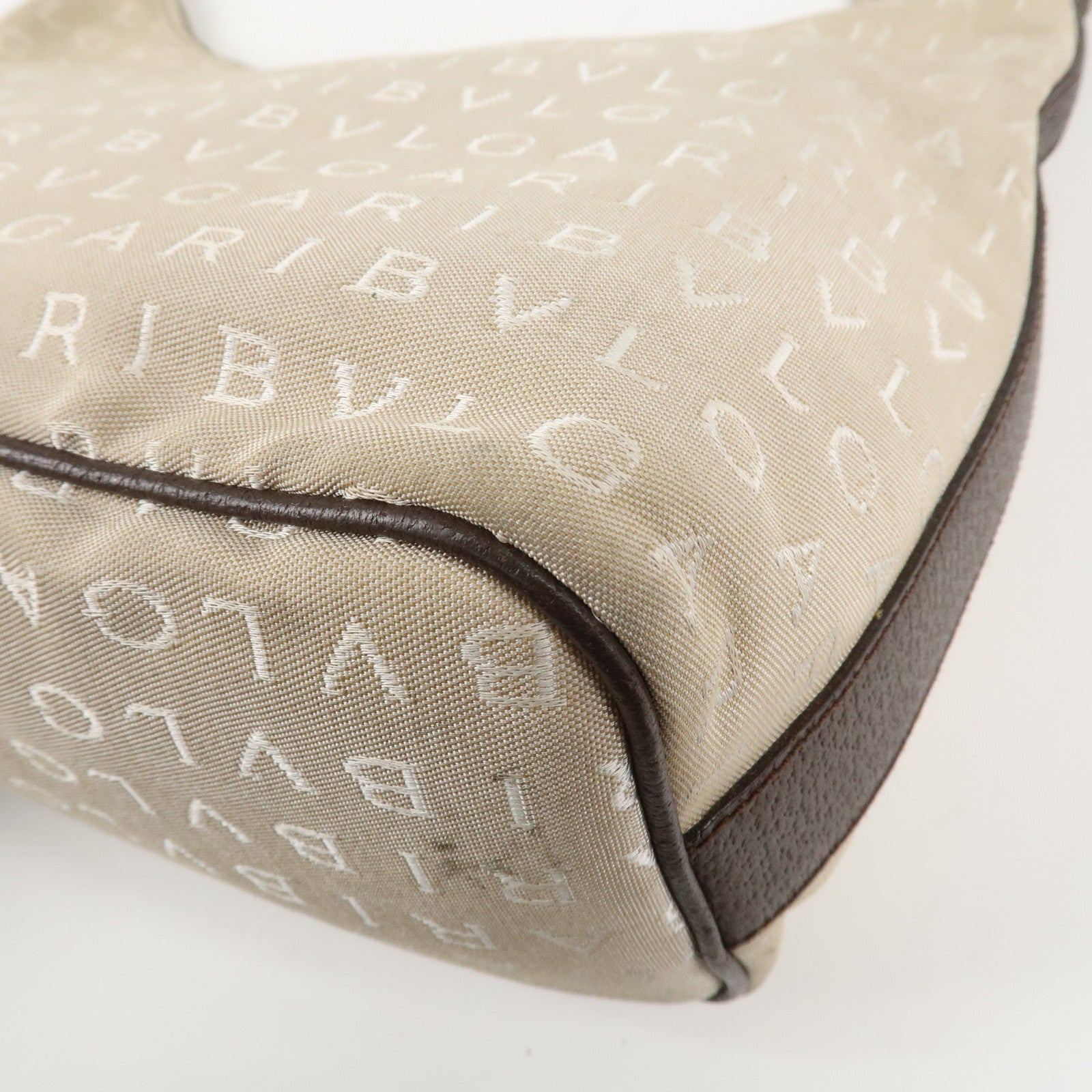 BVLGARI Logomania Canvas Leather Shoulder Bag Beige Dark Brown Used