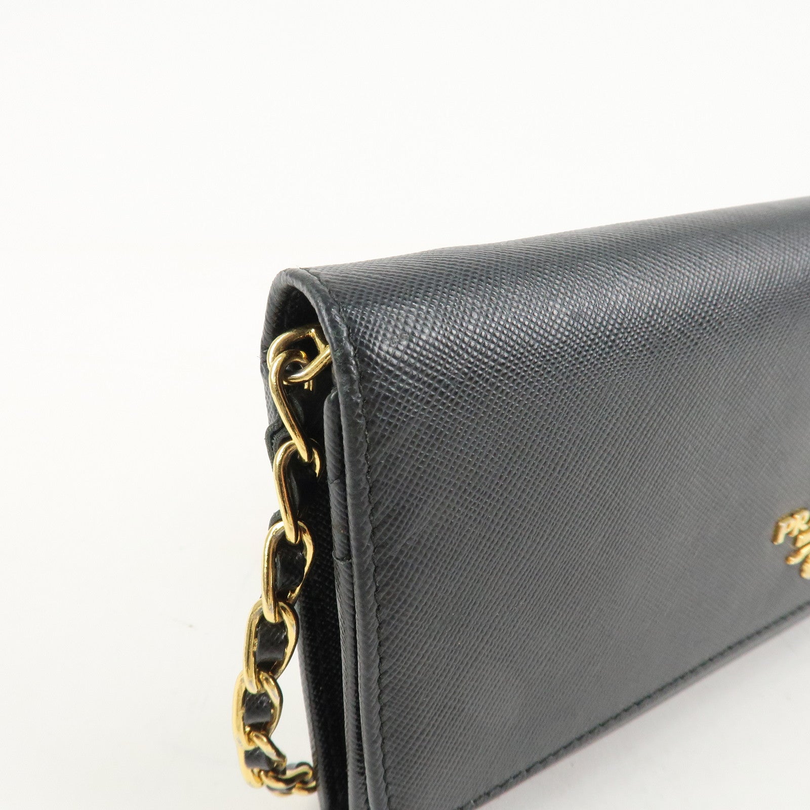 PRADA Saffiano Leather Chain Wallet Purse Black 1MT290 Used