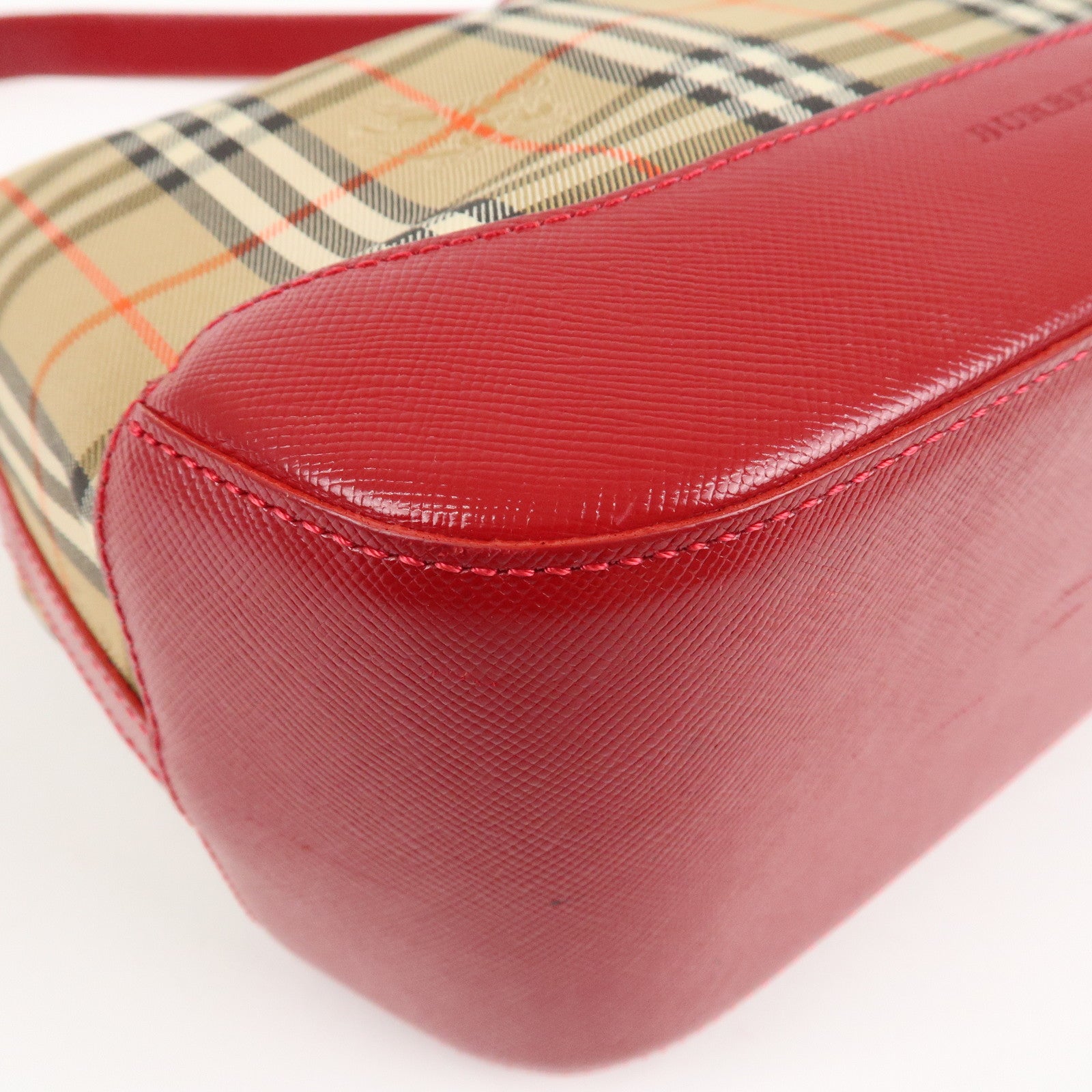 BURBERRY Nova Plaid Canvas Leather Shoulder Bag Hand Bag Red Used