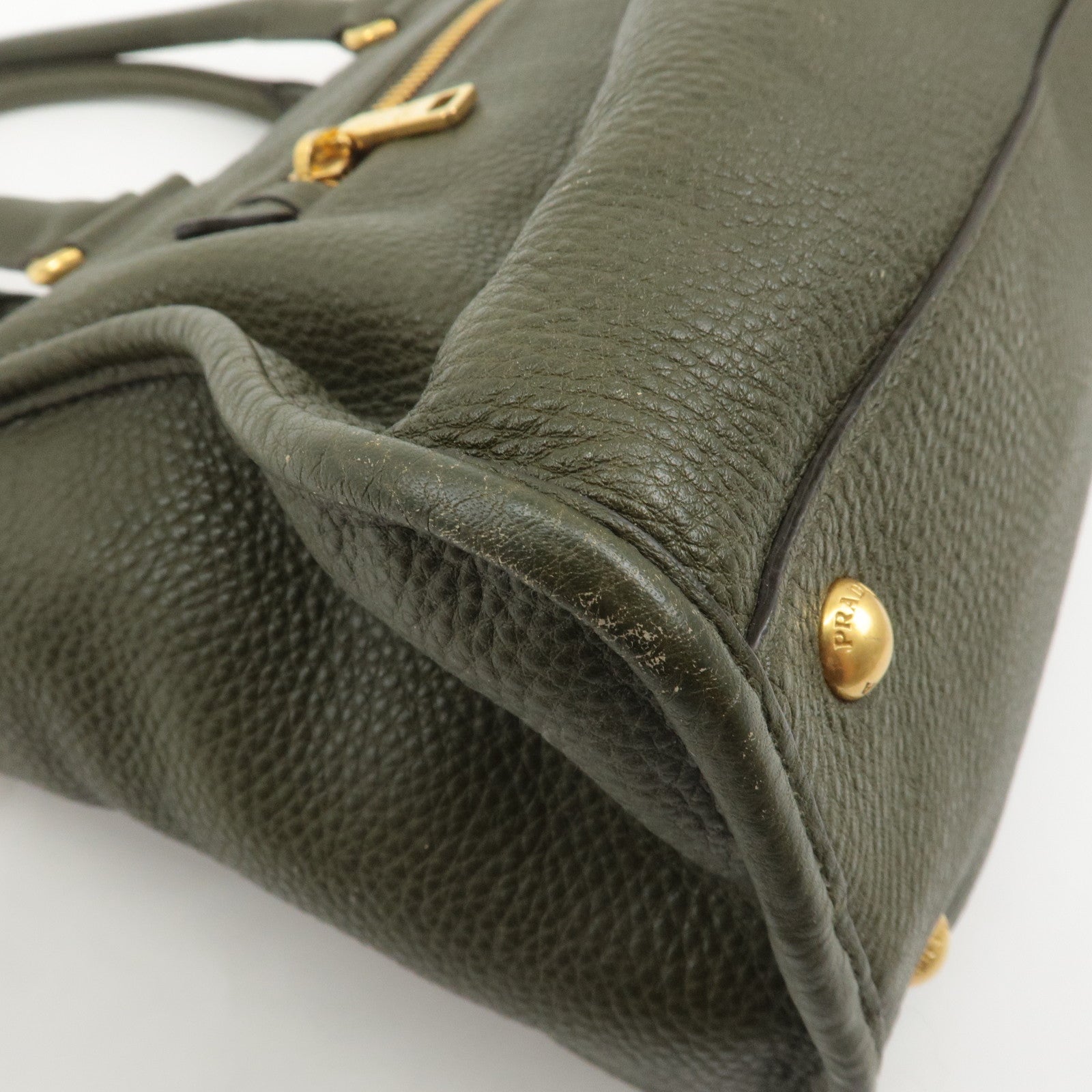 PRADA Leather 2Way Bag Hand Bag Shoulder Bag Khaki BL0805 Used