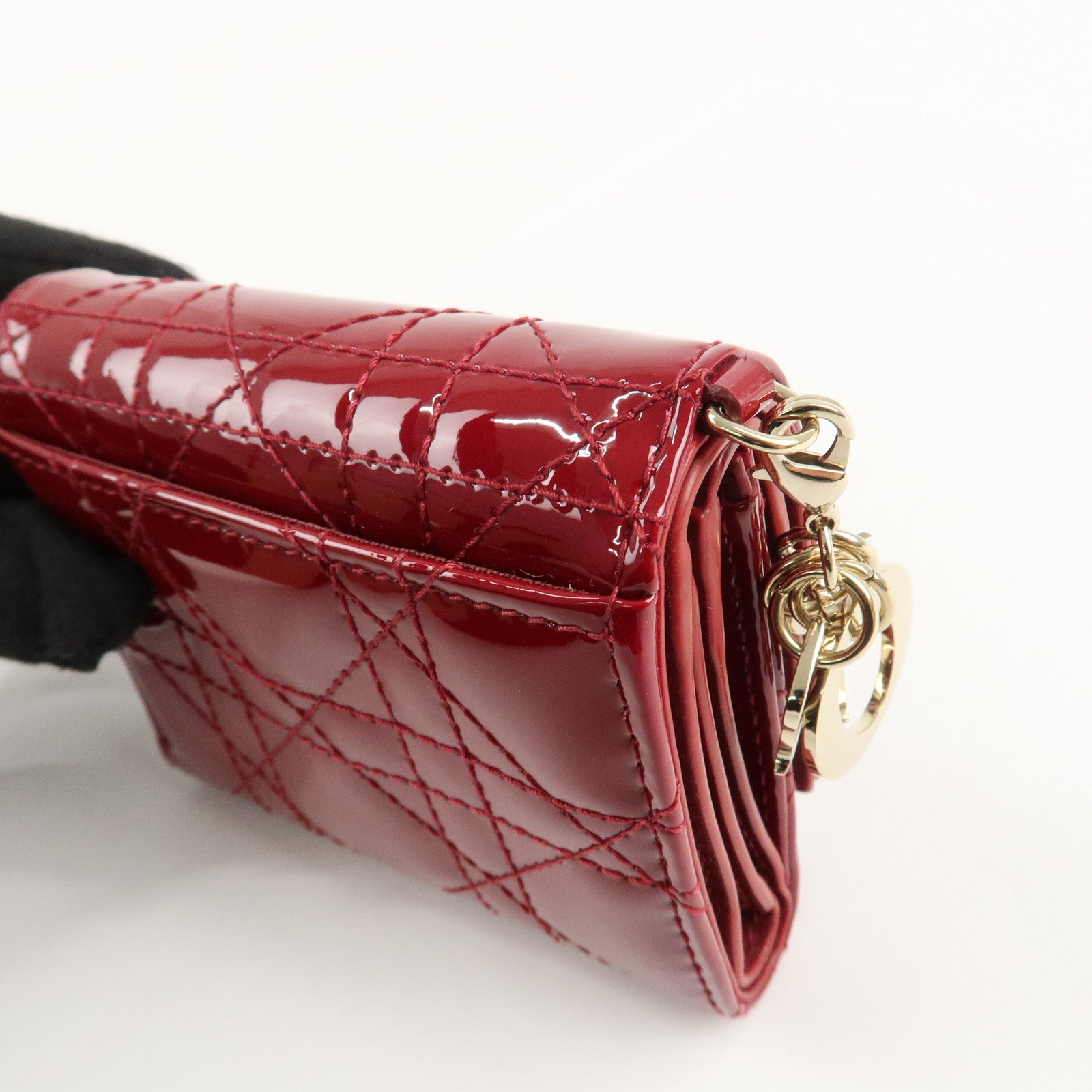 Christian Dior Cannage Lady Dior Leather Lotus Tri fold Wallet Red Used