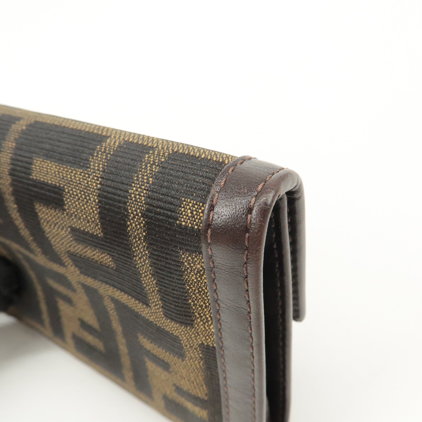 FENDI Zucca Canvas Leather Hook Tri-fold Wallet Brown 30729 Used