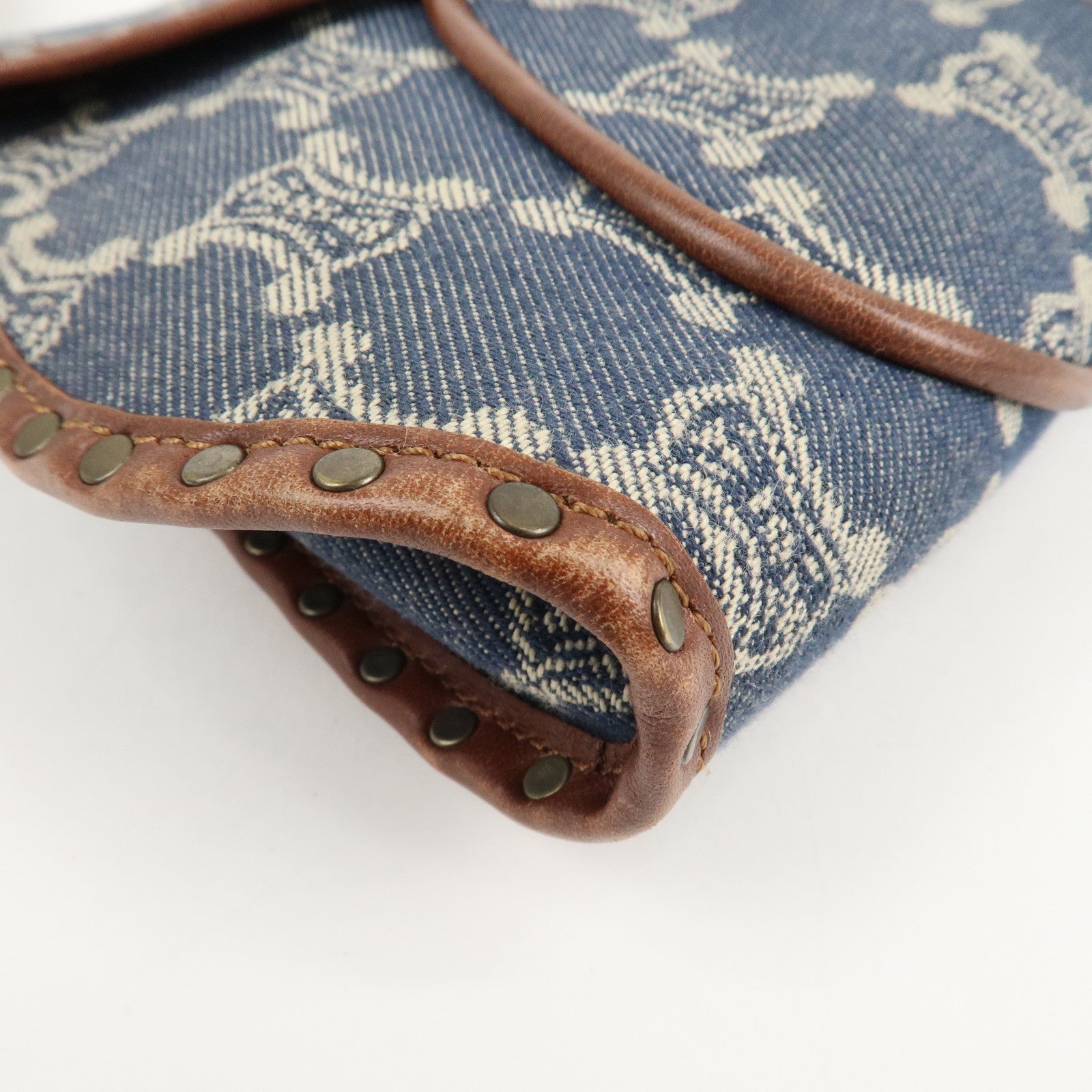 CELINE Macadam Denim Leather Shoulder Bag Blue Brown Used